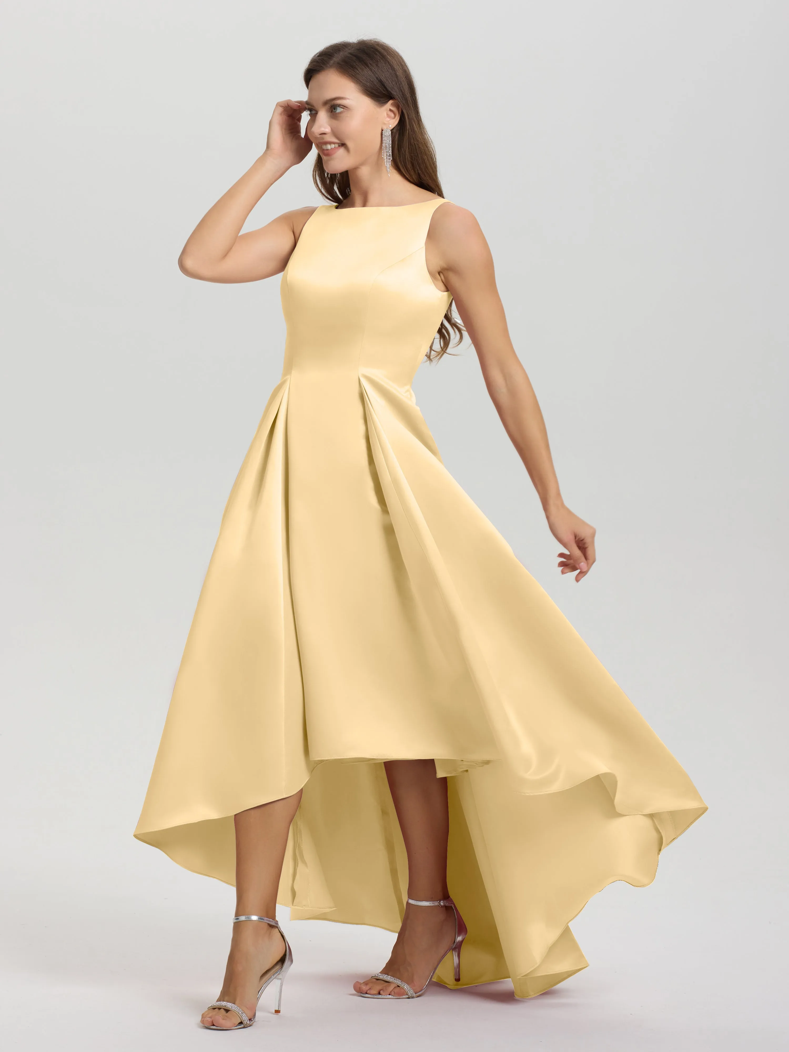 Jewel Sleeveless V-Back Long Satin Bridesmaid Dresses