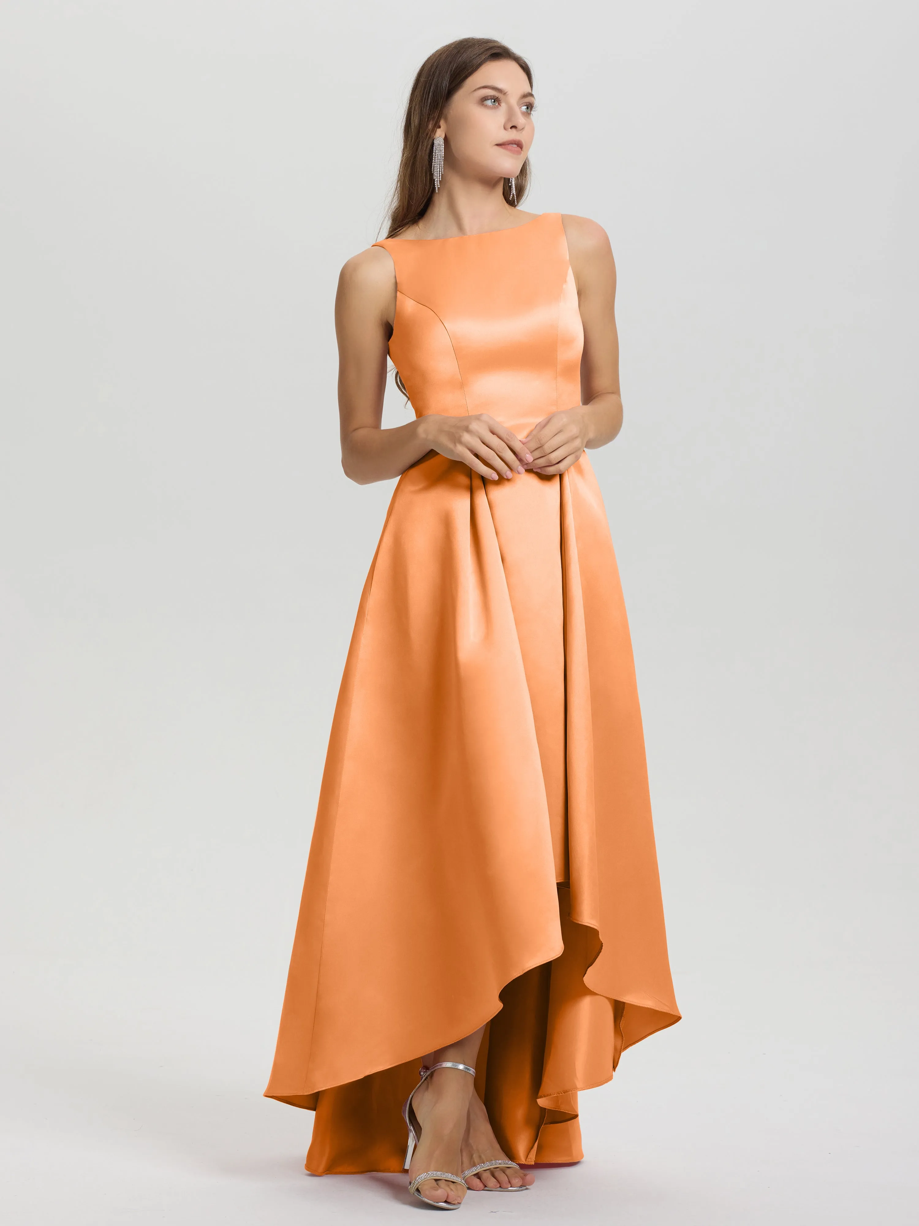 Jewel Sleeveless V-Back Long Satin Bridesmaid Dresses