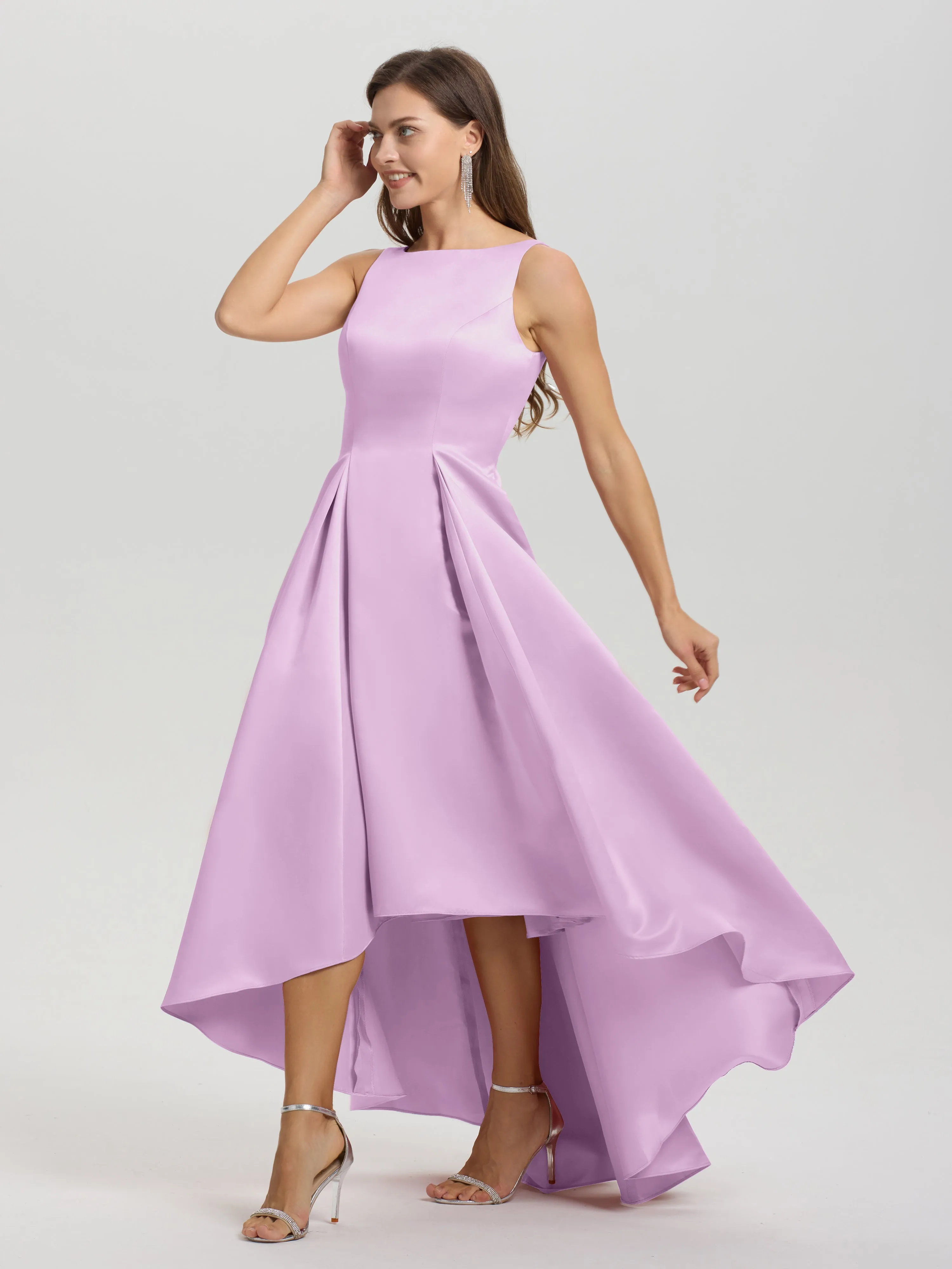 Jewel Sleeveless V-Back Long Satin Bridesmaid Dresses