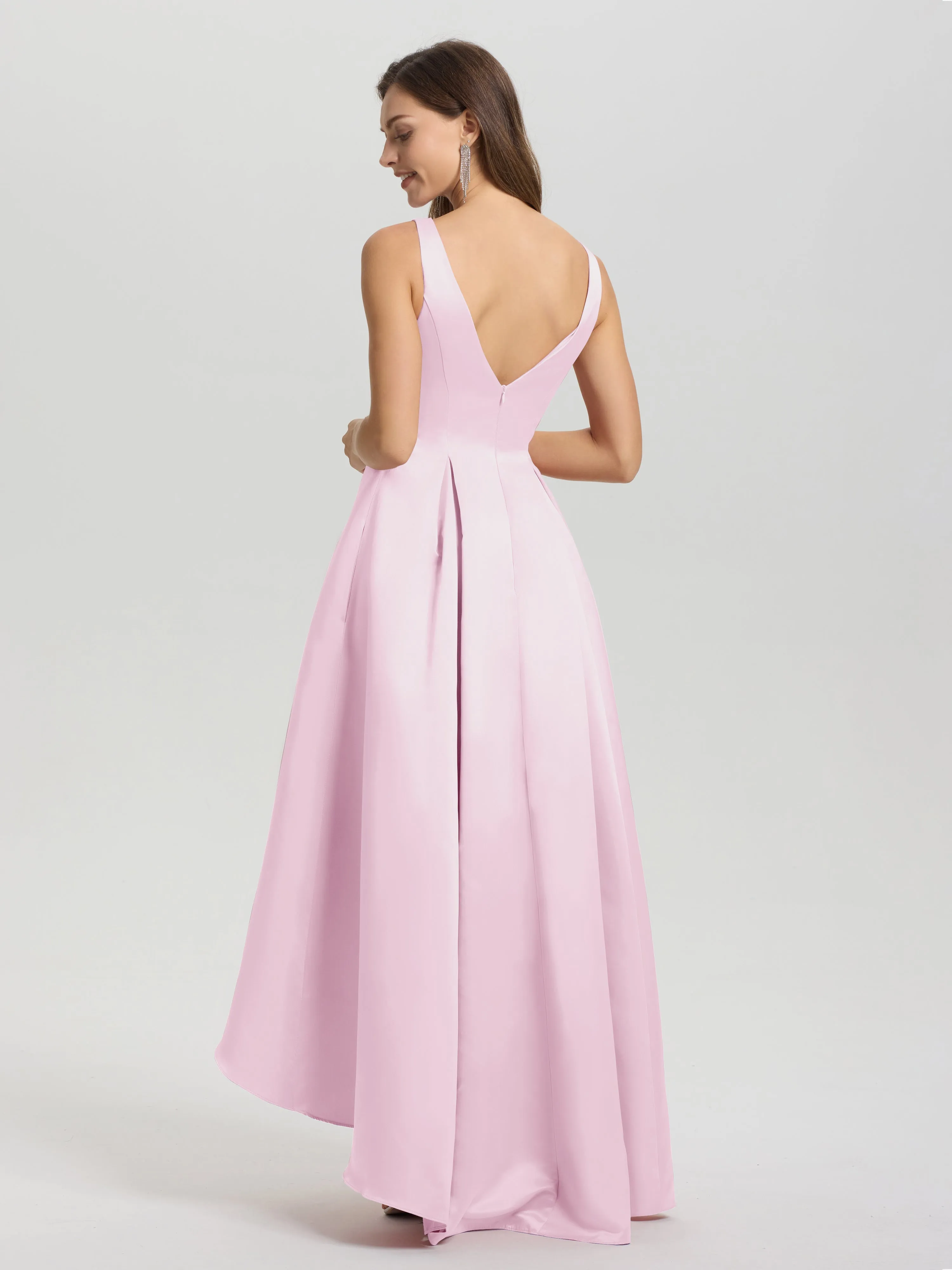 Jewel Sleeveless V-Back Long Satin Bridesmaid Dresses