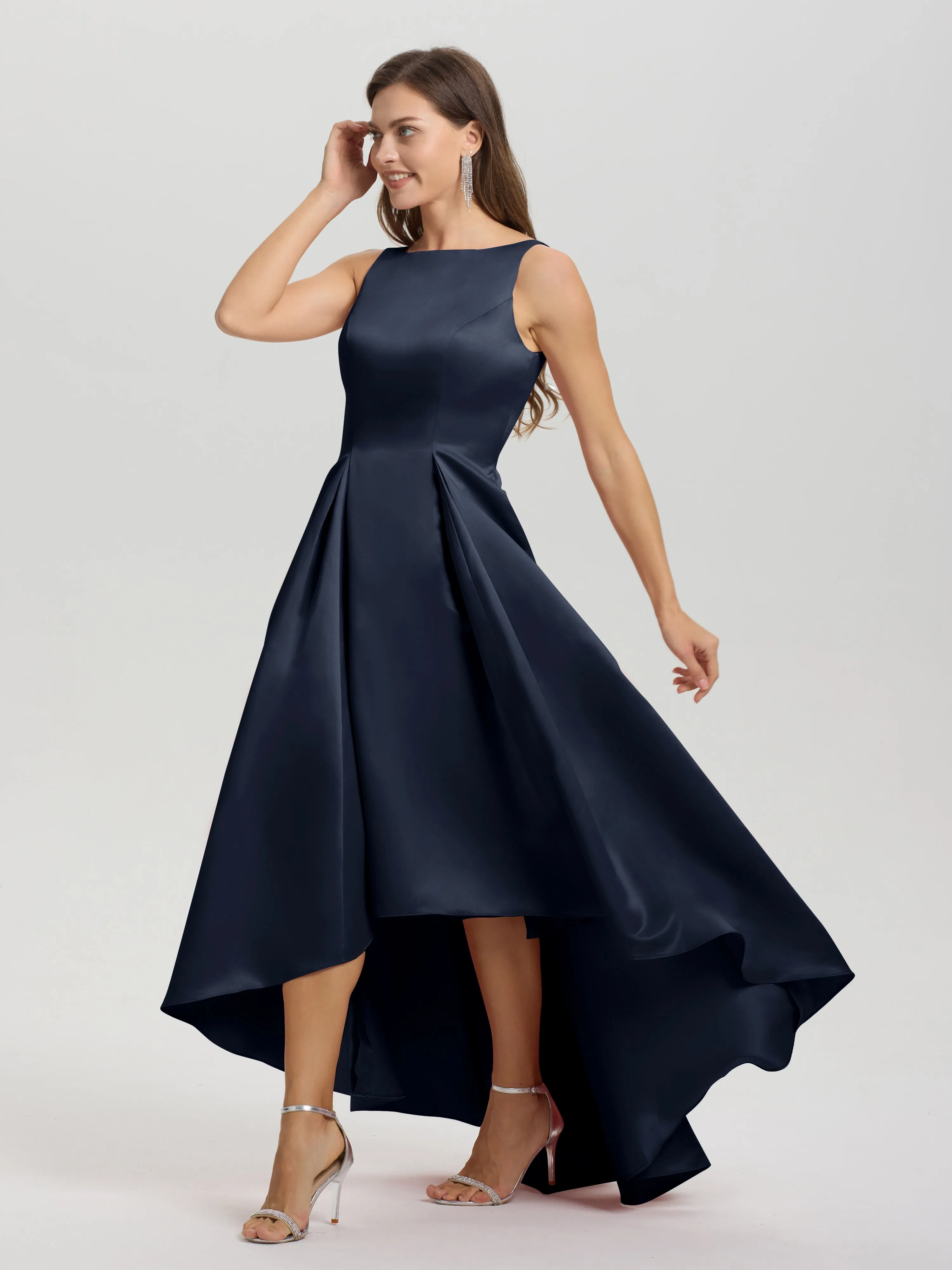 Jewel Sleeveless V-Back Long Satin Bridesmaid Dresses