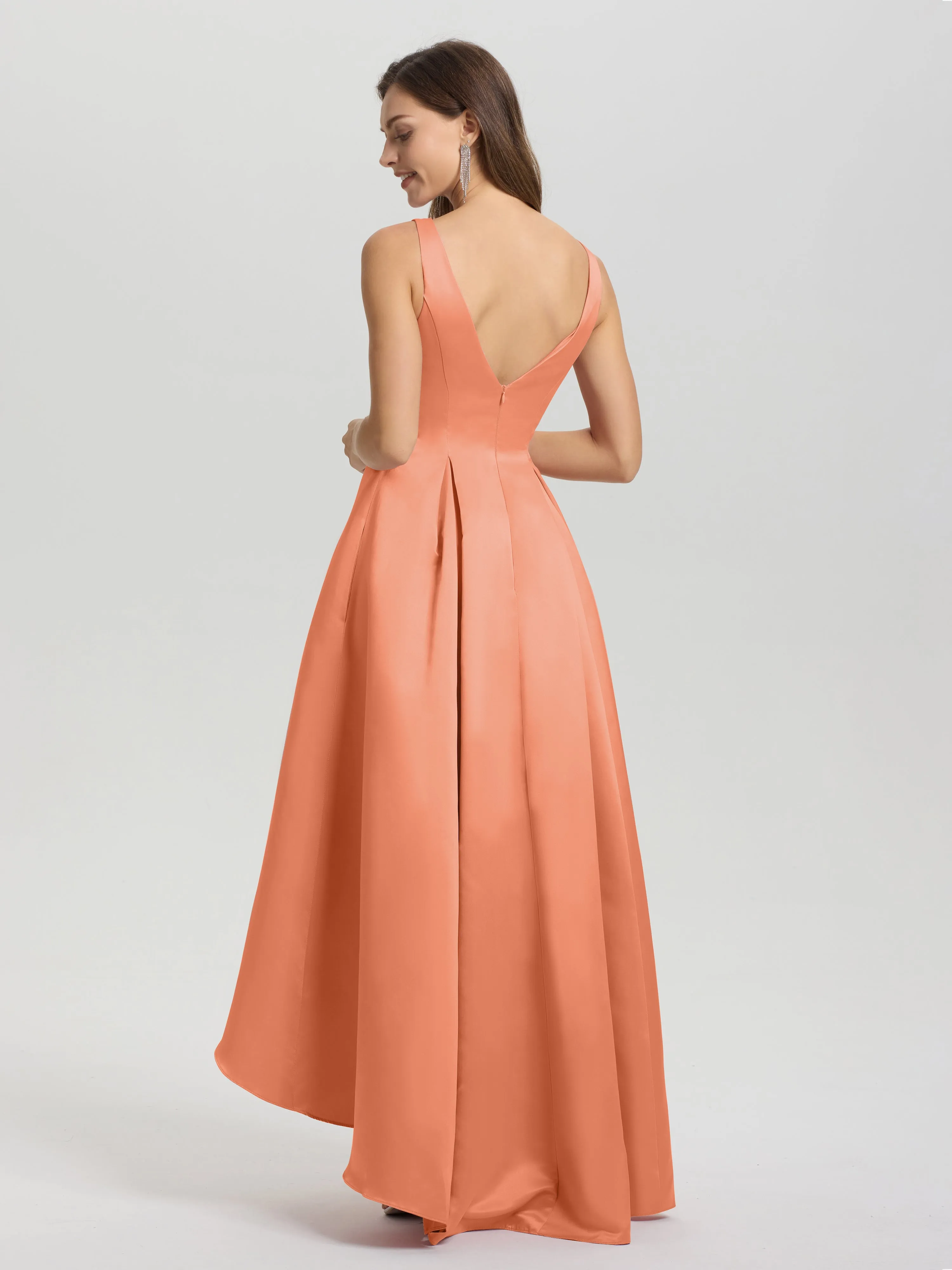 Jewel Sleeveless V-Back Long Satin Bridesmaid Dresses
