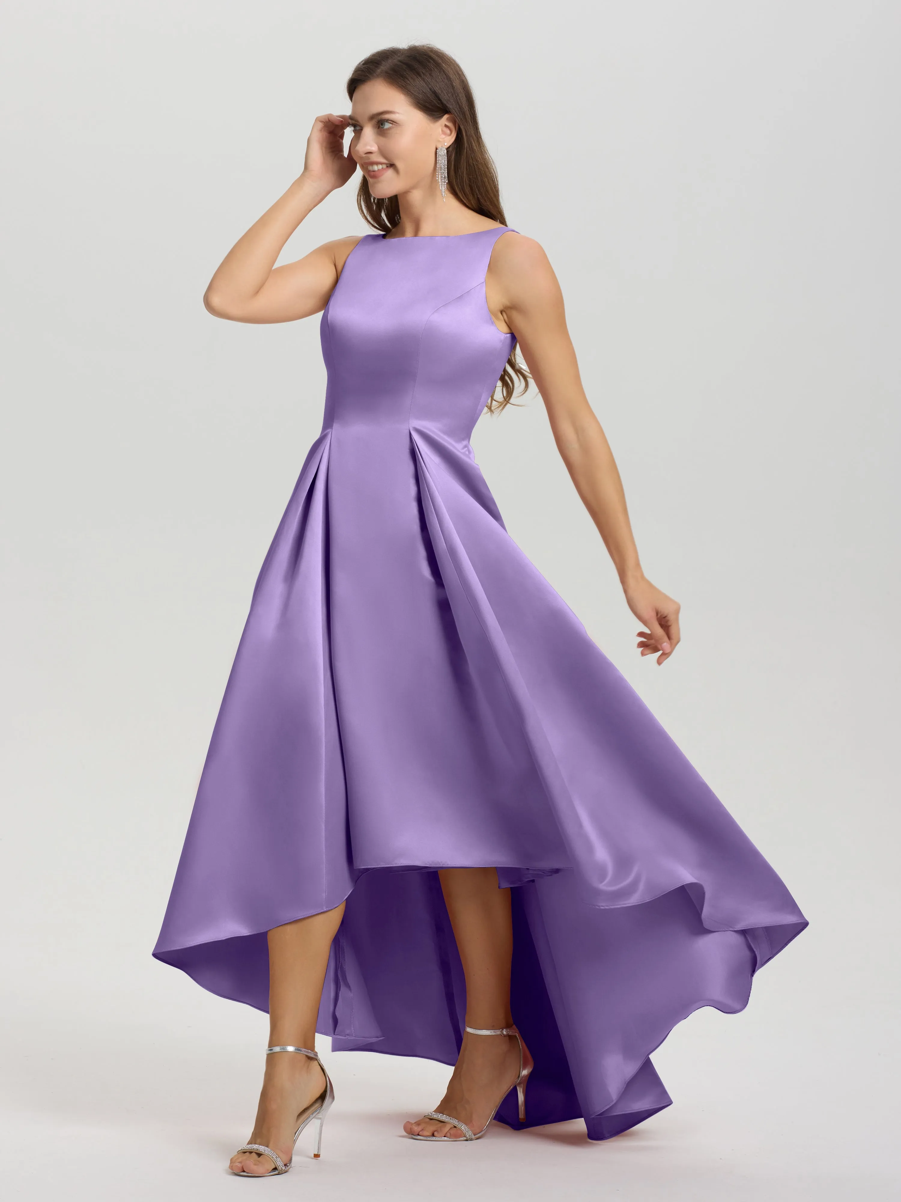 Jewel Sleeveless V-Back Long Satin Bridesmaid Dresses