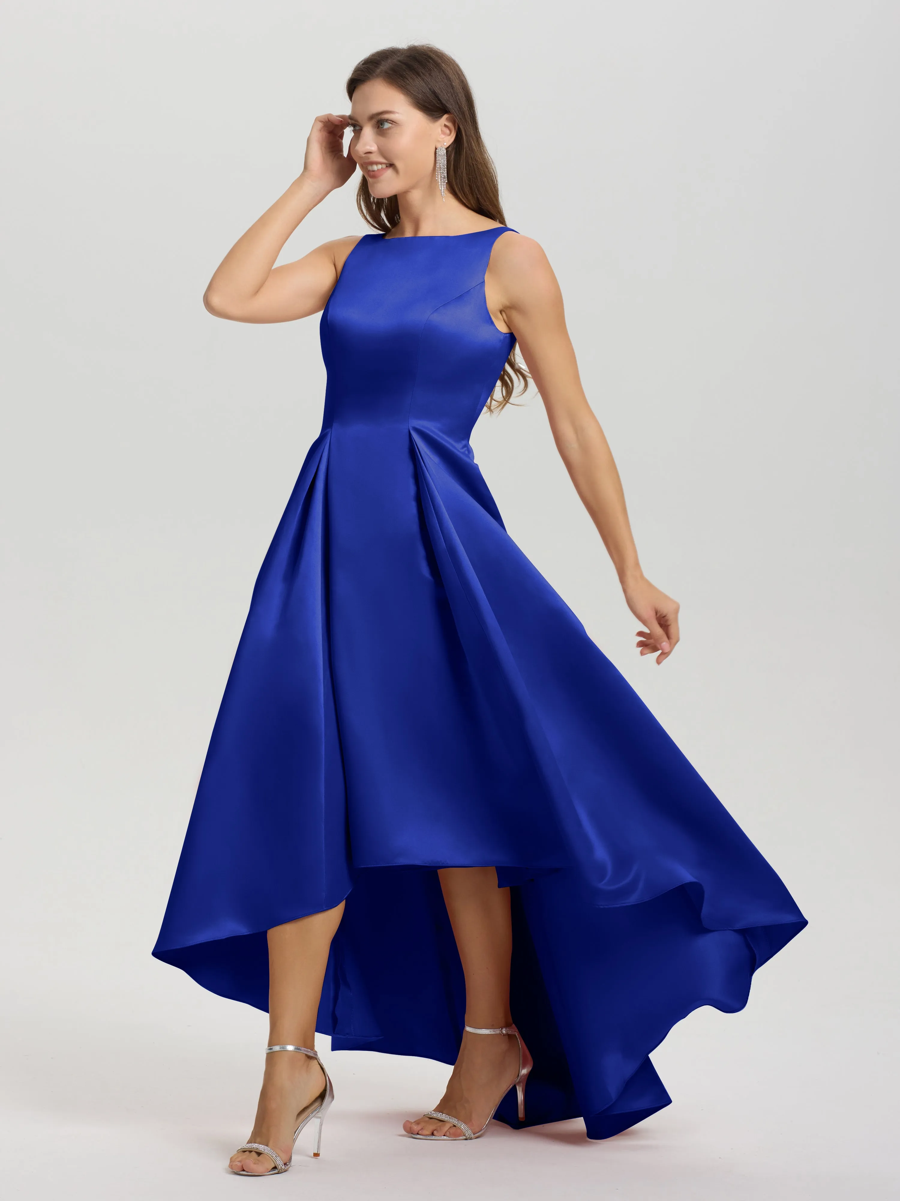 Jewel Sleeveless V-Back Long Satin Bridesmaid Dresses
