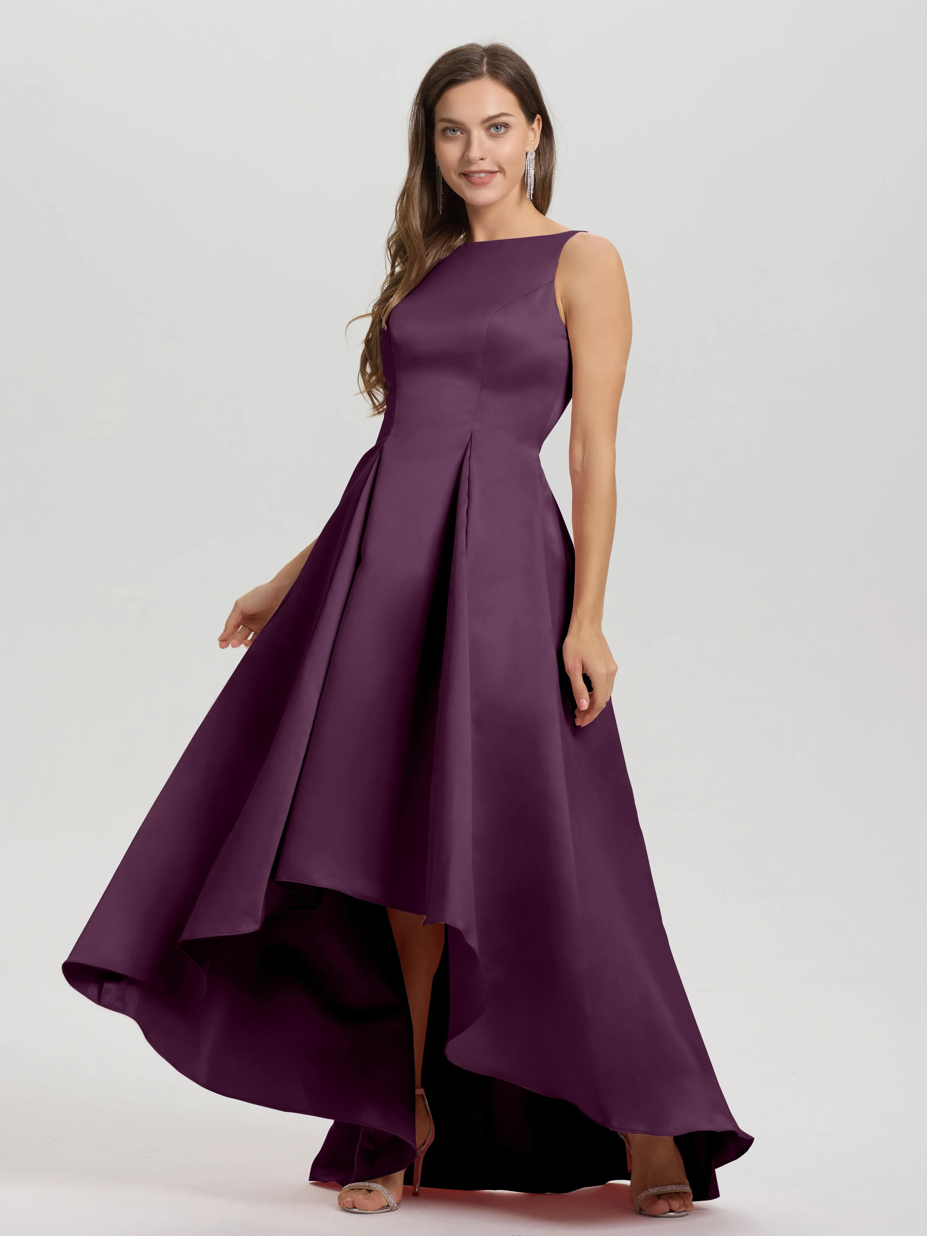 Jewel Sleeveless V-Back Long Satin Bridesmaid Dresses