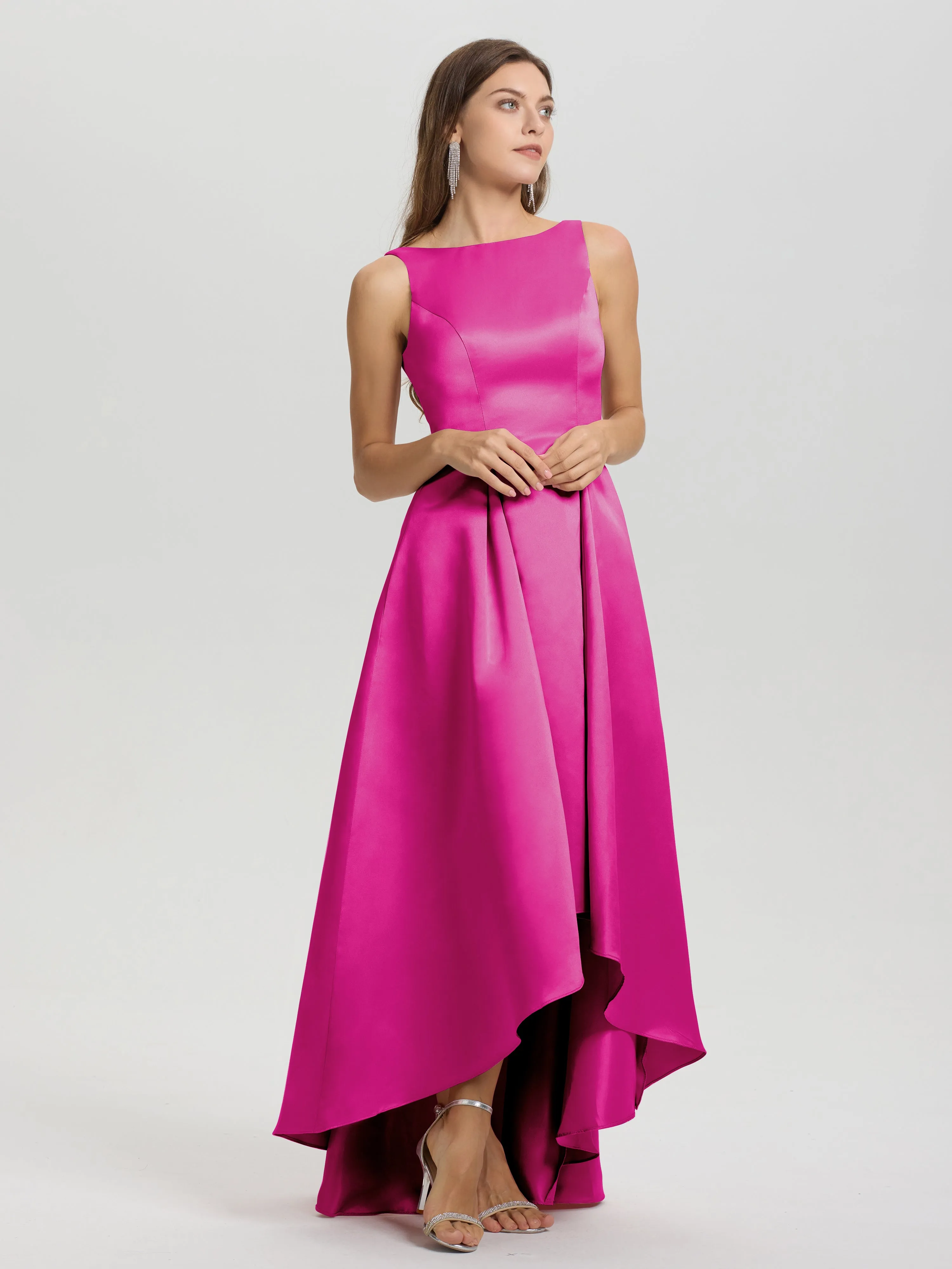 Jewel Sleeveless V-Back Long Satin Bridesmaid Dresses