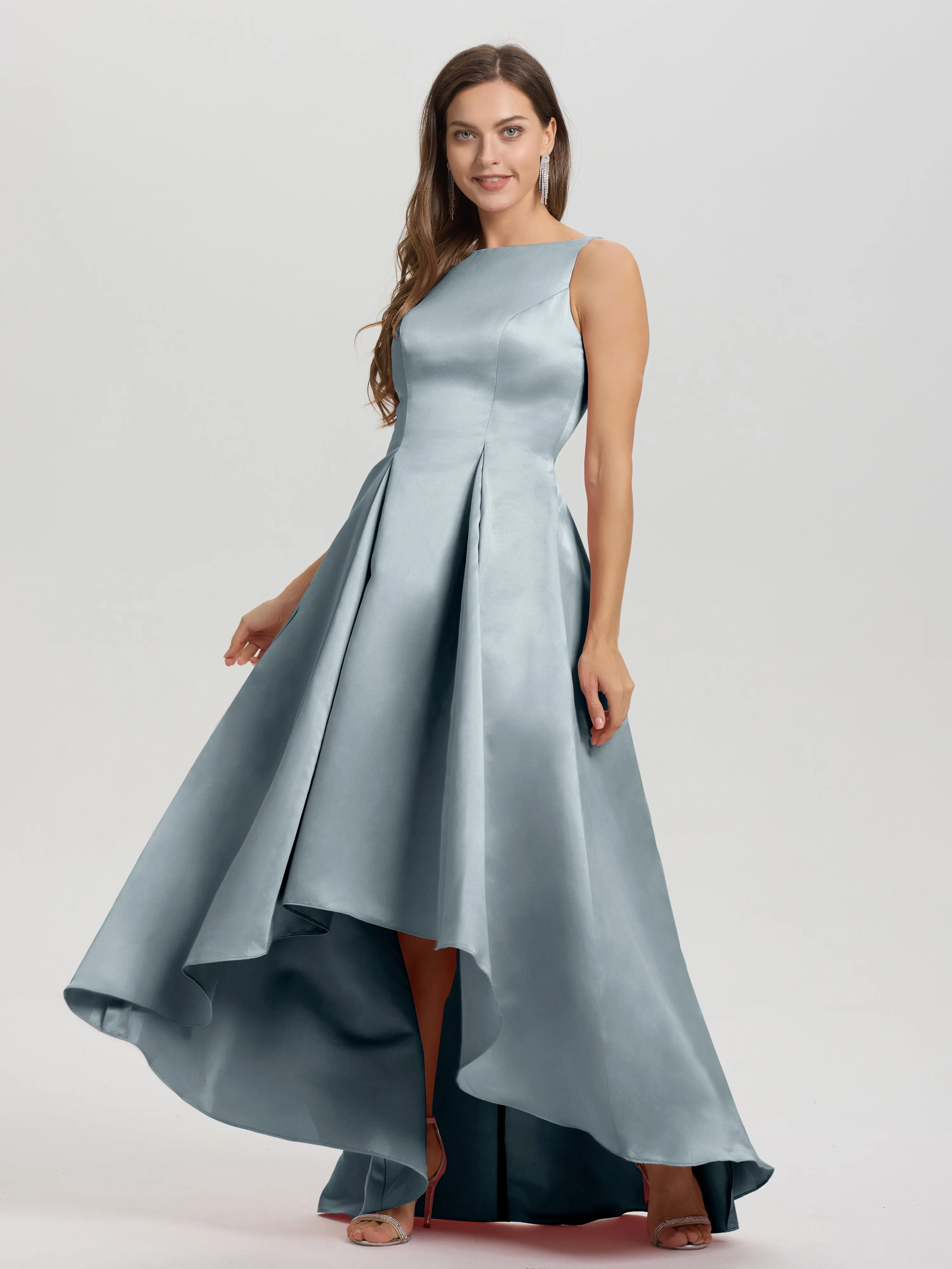 Jewel Sleeveless V-Back Long Satin Bridesmaid Dresses