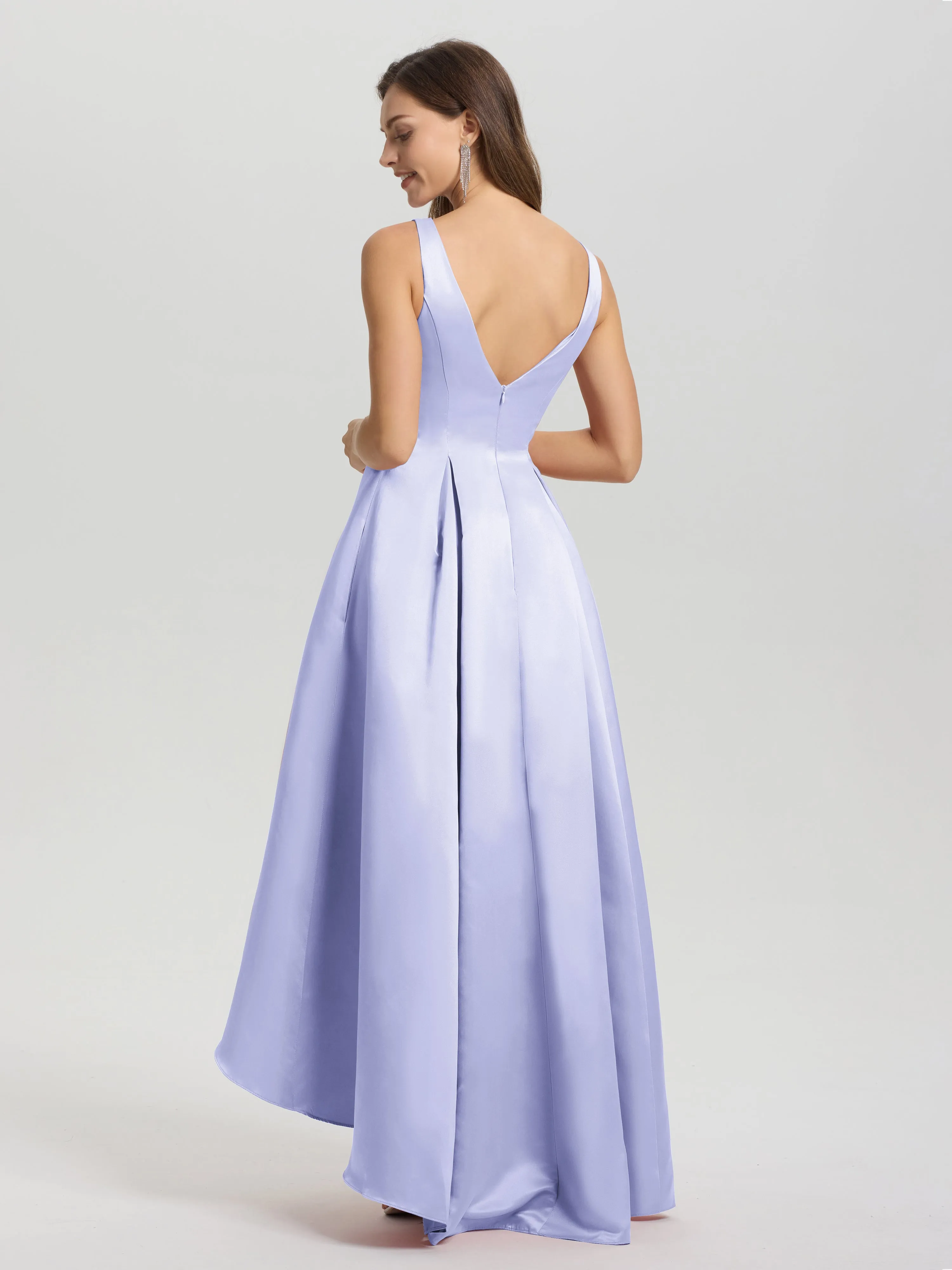 Jewel Sleeveless V-Back Long Satin Bridesmaid Dresses