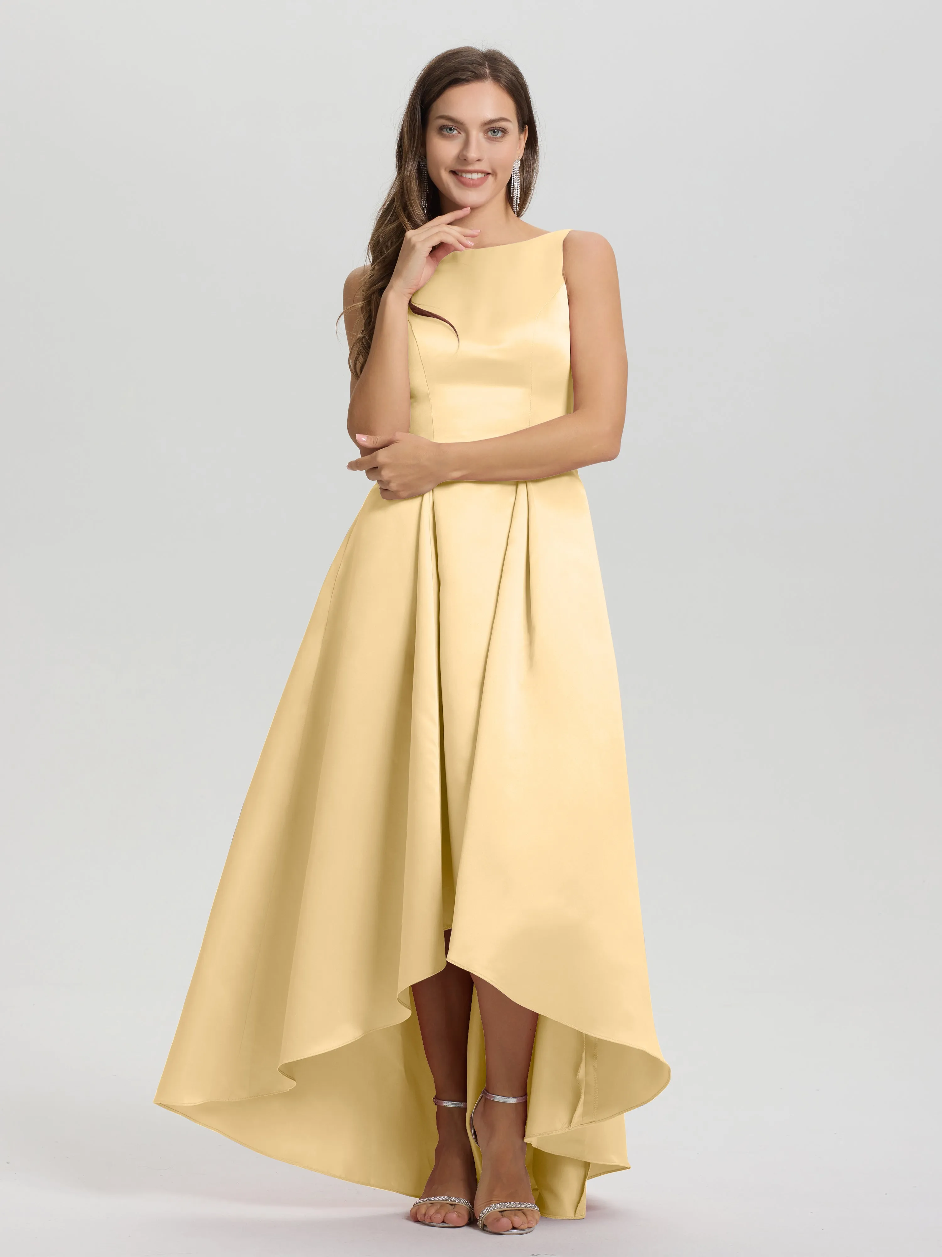 Jewel Sleeveless V-Back Long Satin Bridesmaid Dresses