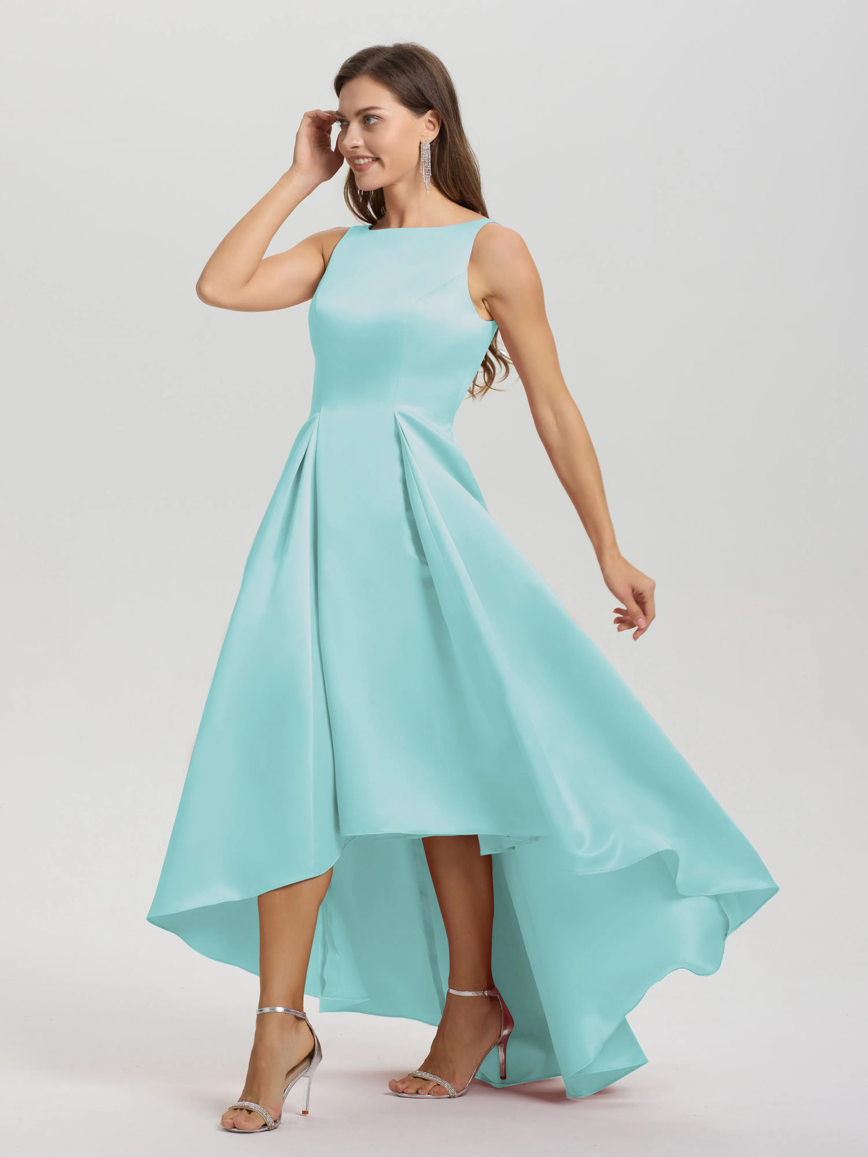 Jewel Sleeveless V-Back Long Satin Bridesmaid Dresses