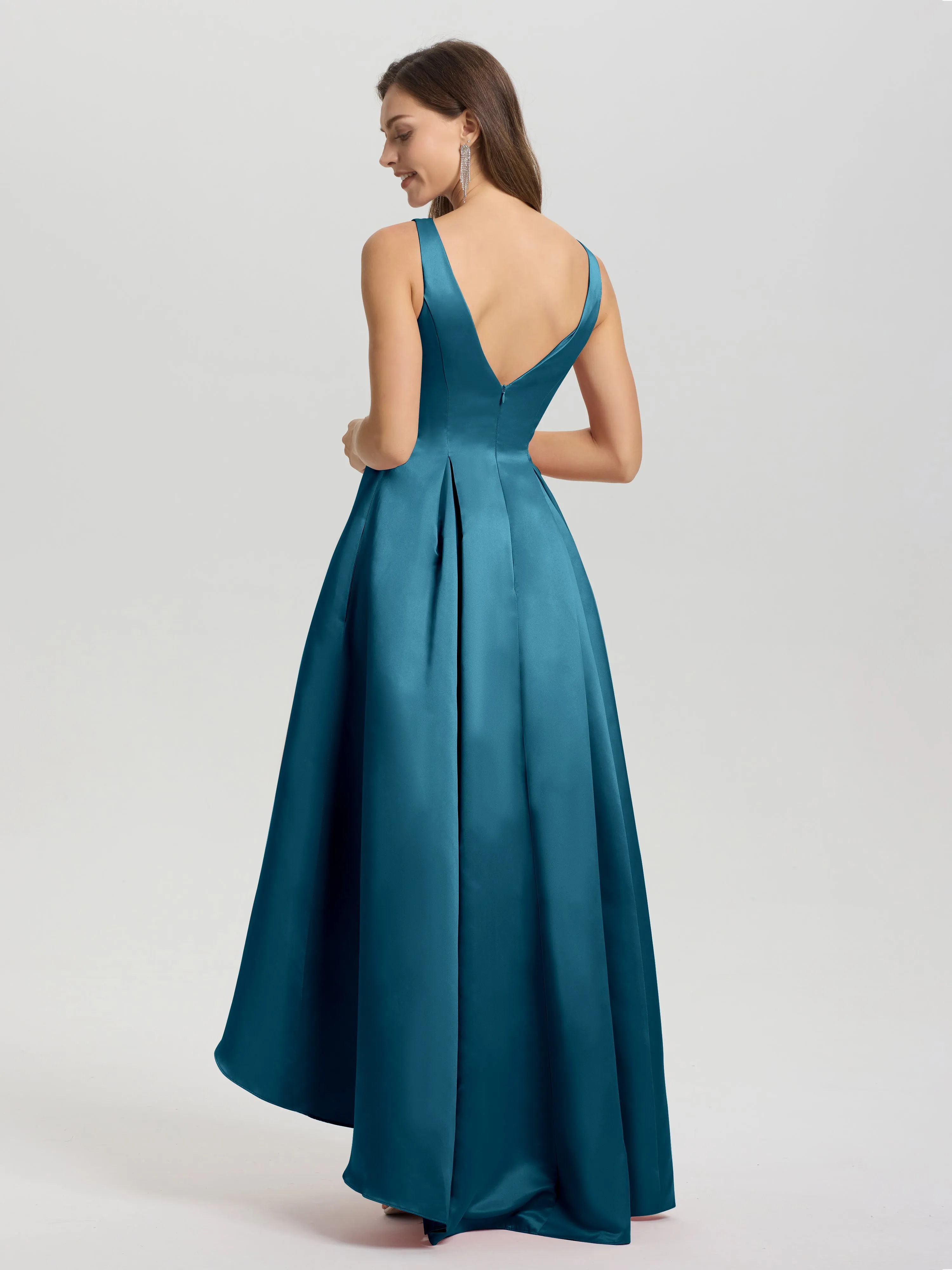 Jewel Sleeveless V-Back Long Satin Bridesmaid Dresses