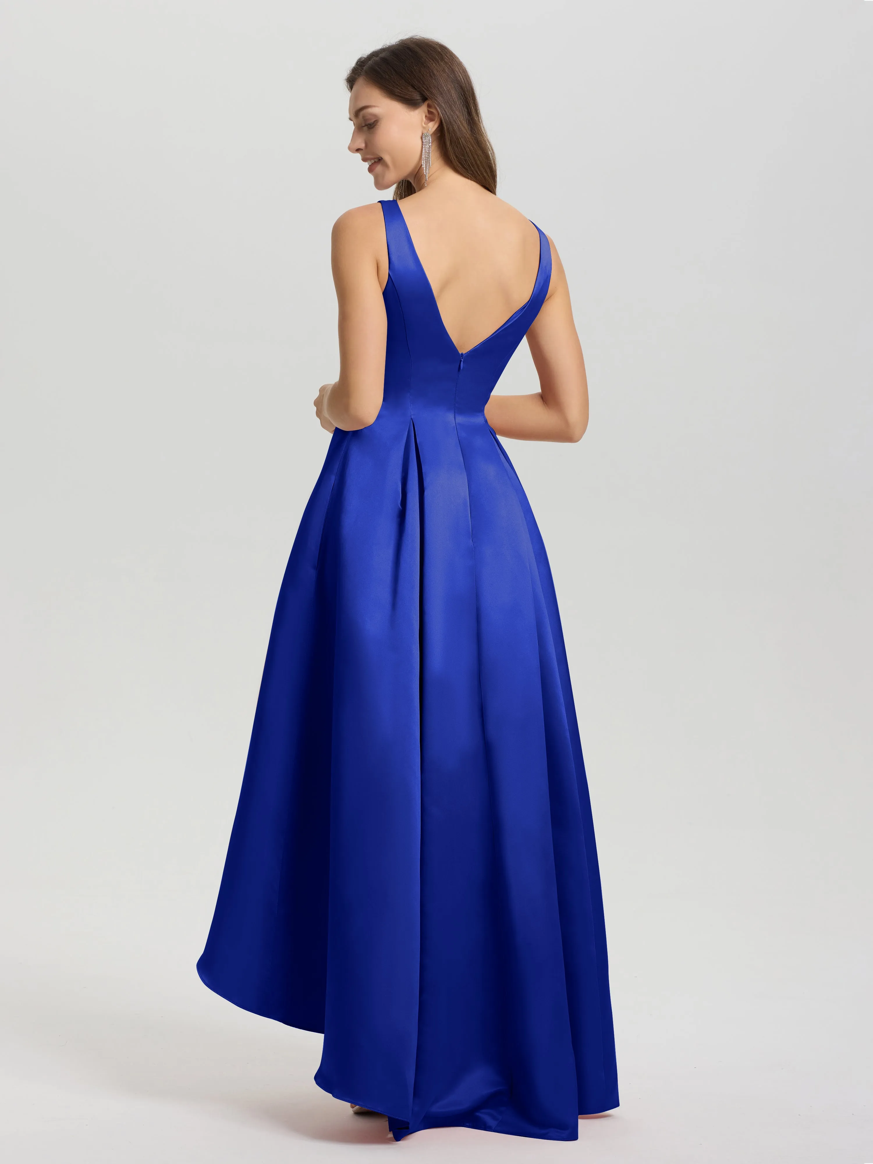 Jewel Sleeveless V-Back Long Satin Bridesmaid Dresses