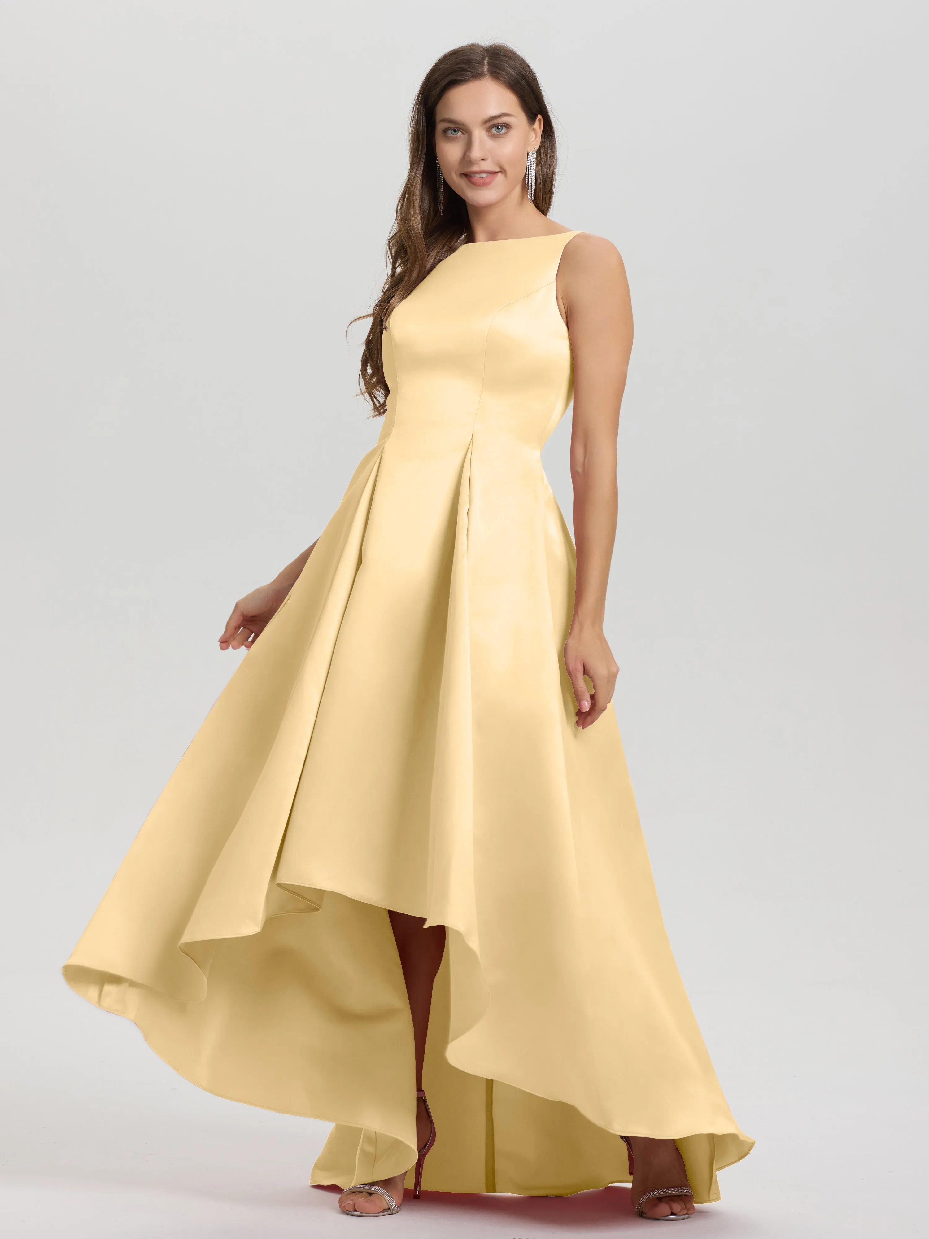 Jewel Sleeveless V-Back Long Satin Bridesmaid Dresses