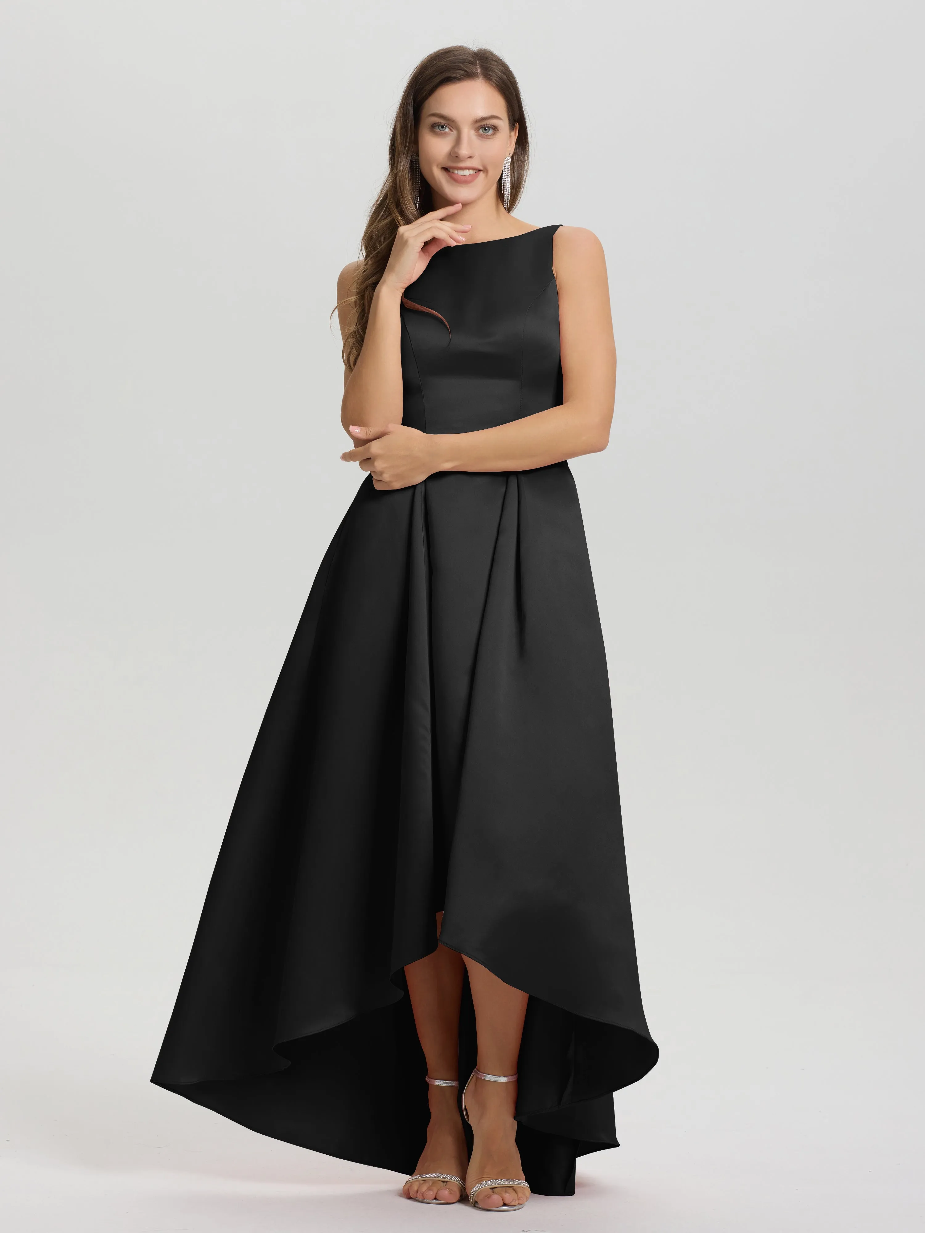 Jewel Sleeveless V-Back Long Satin Bridesmaid Dresses