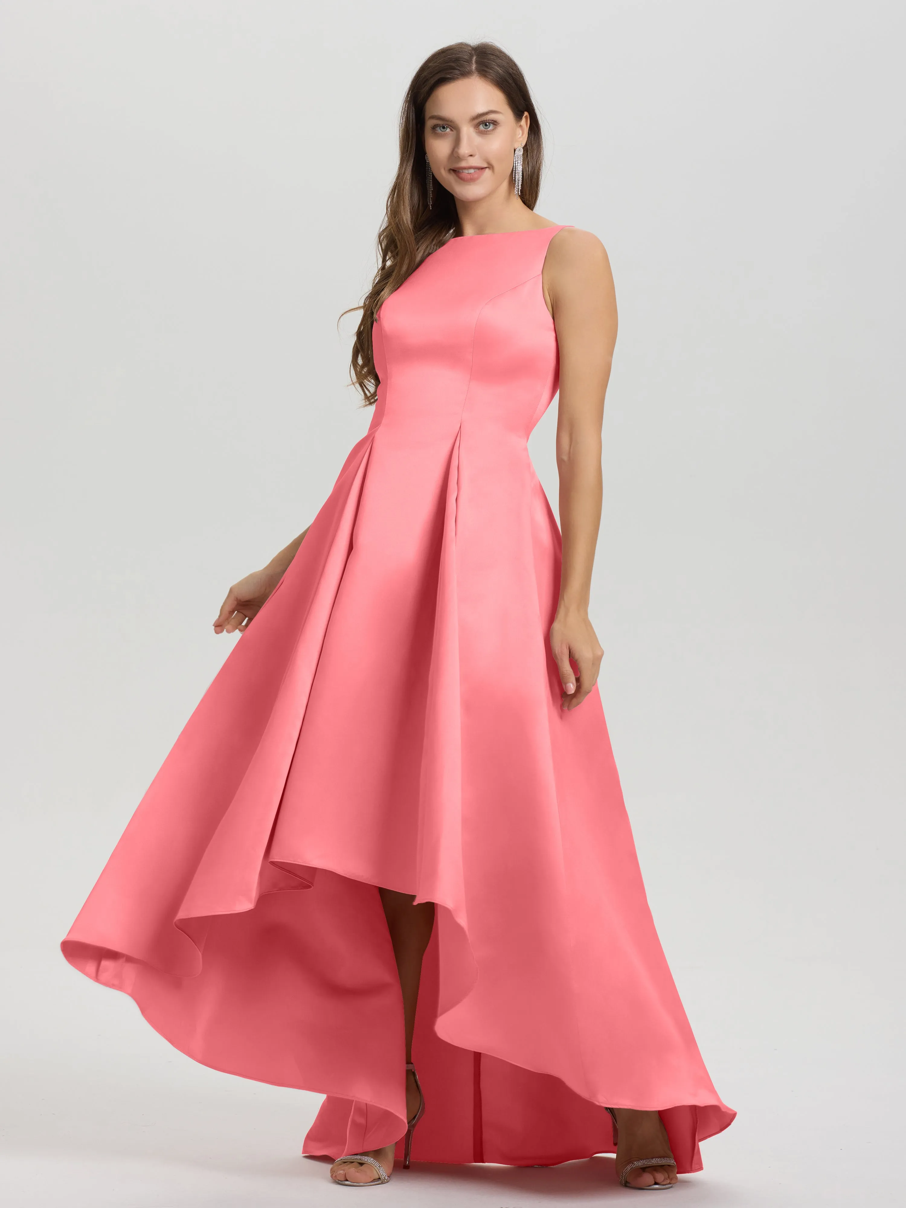 Jewel Sleeveless V-Back Long Satin Bridesmaid Dresses