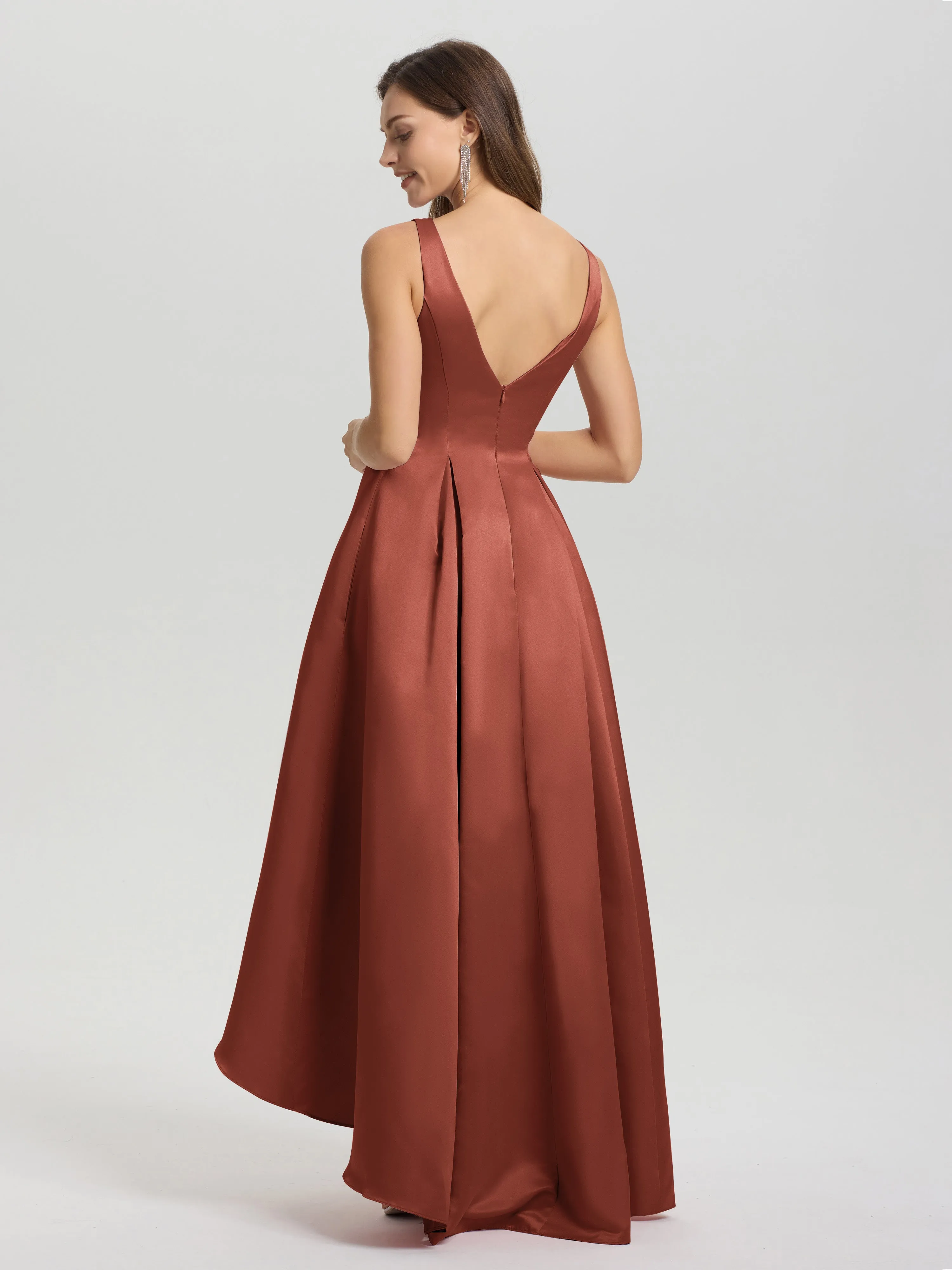 Jewel Sleeveless V-Back Long Satin Bridesmaid Dresses