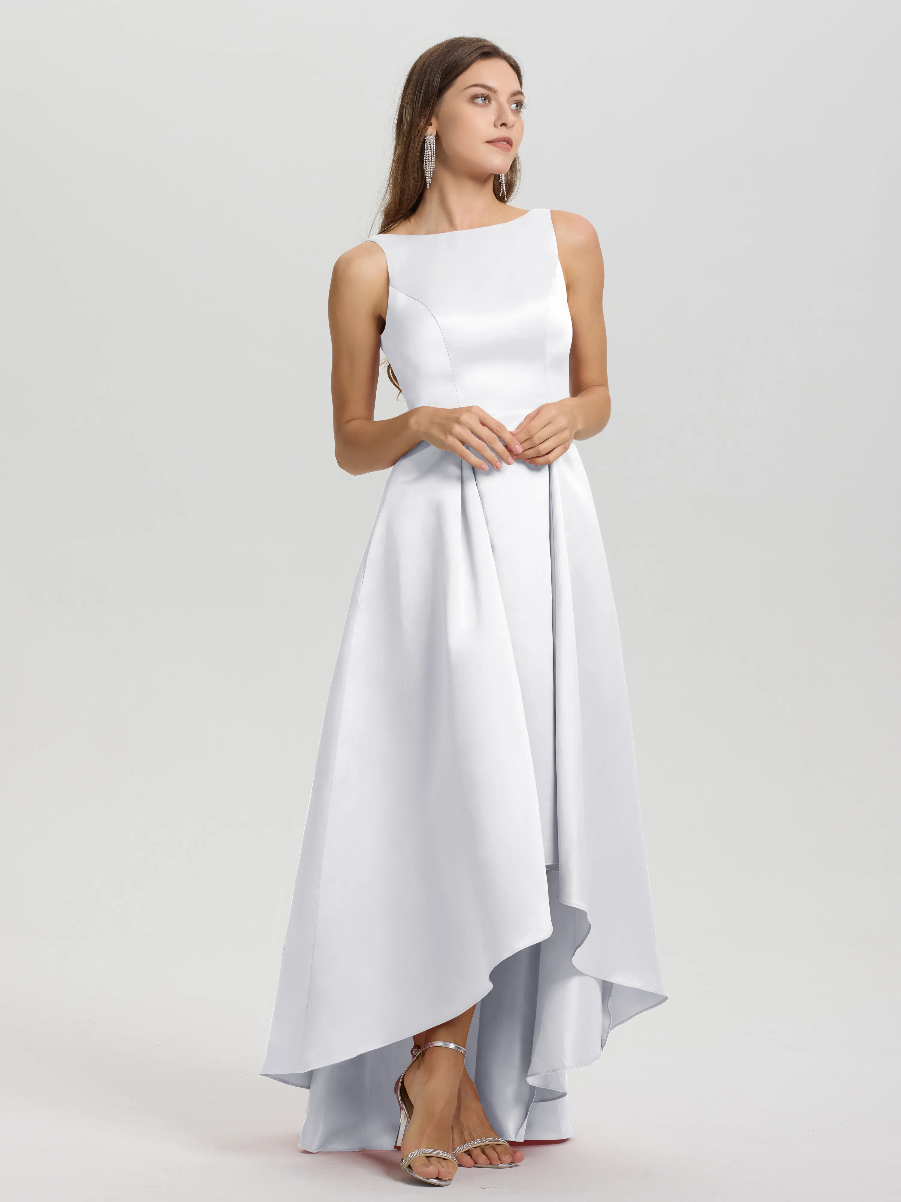 Jewel Sleeveless V-Back Long Satin Bridesmaid Dresses