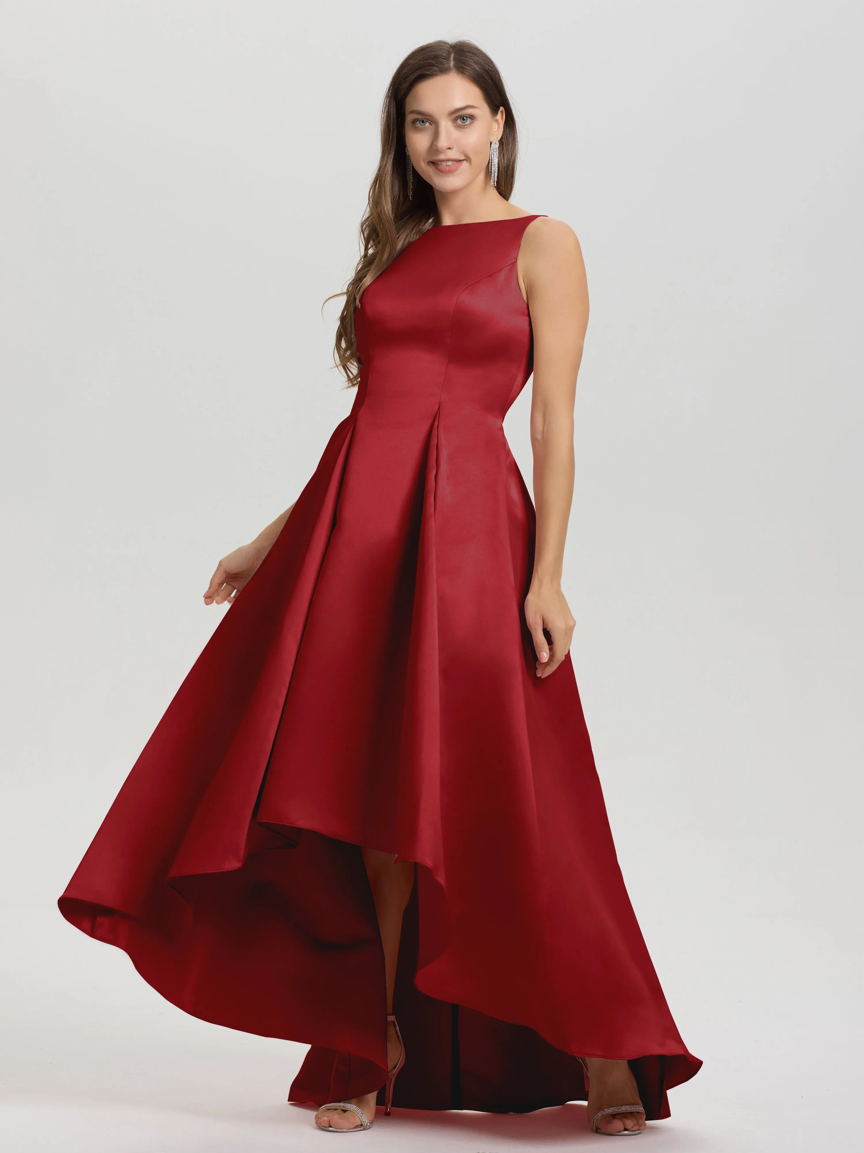 Jewel Sleeveless V-Back Long Satin Bridesmaid Dresses