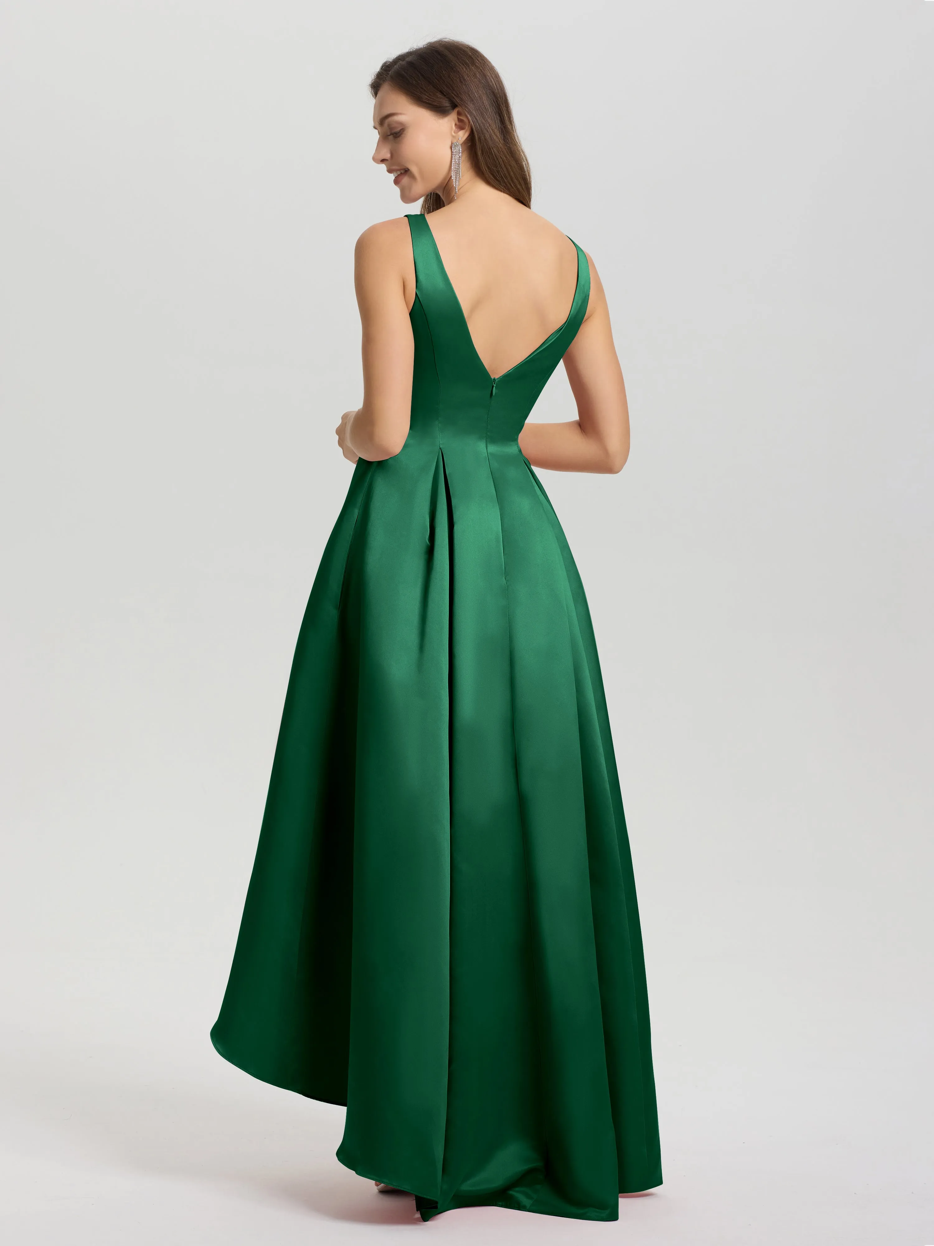 Jewel Sleeveless V-Back Long Satin Bridesmaid Dresses