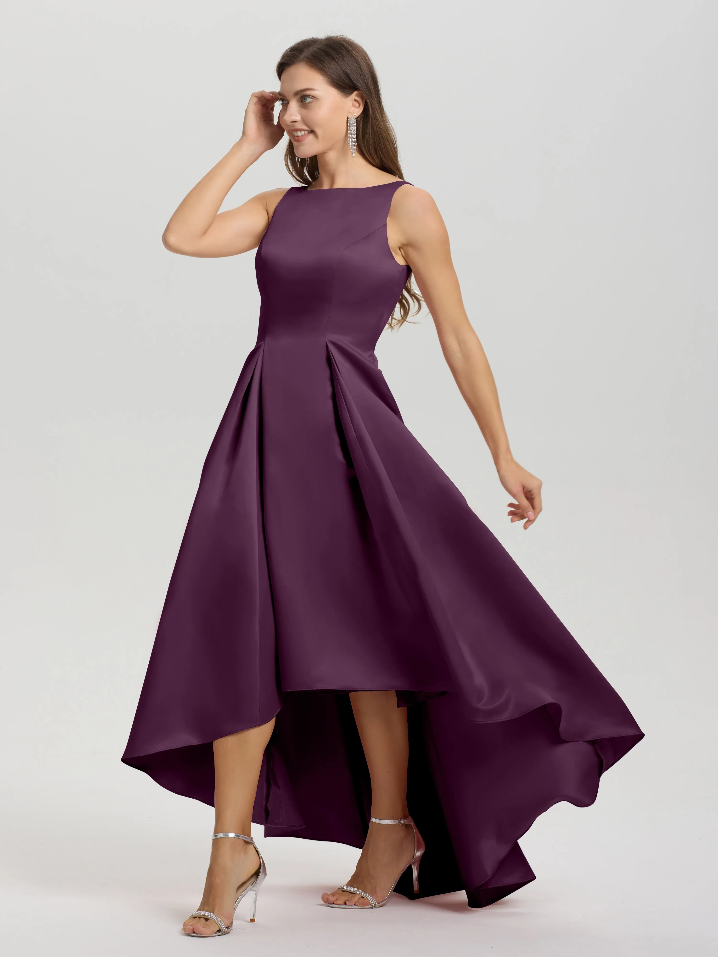 Jewel Sleeveless V-Back Long Satin Bridesmaid Dresses