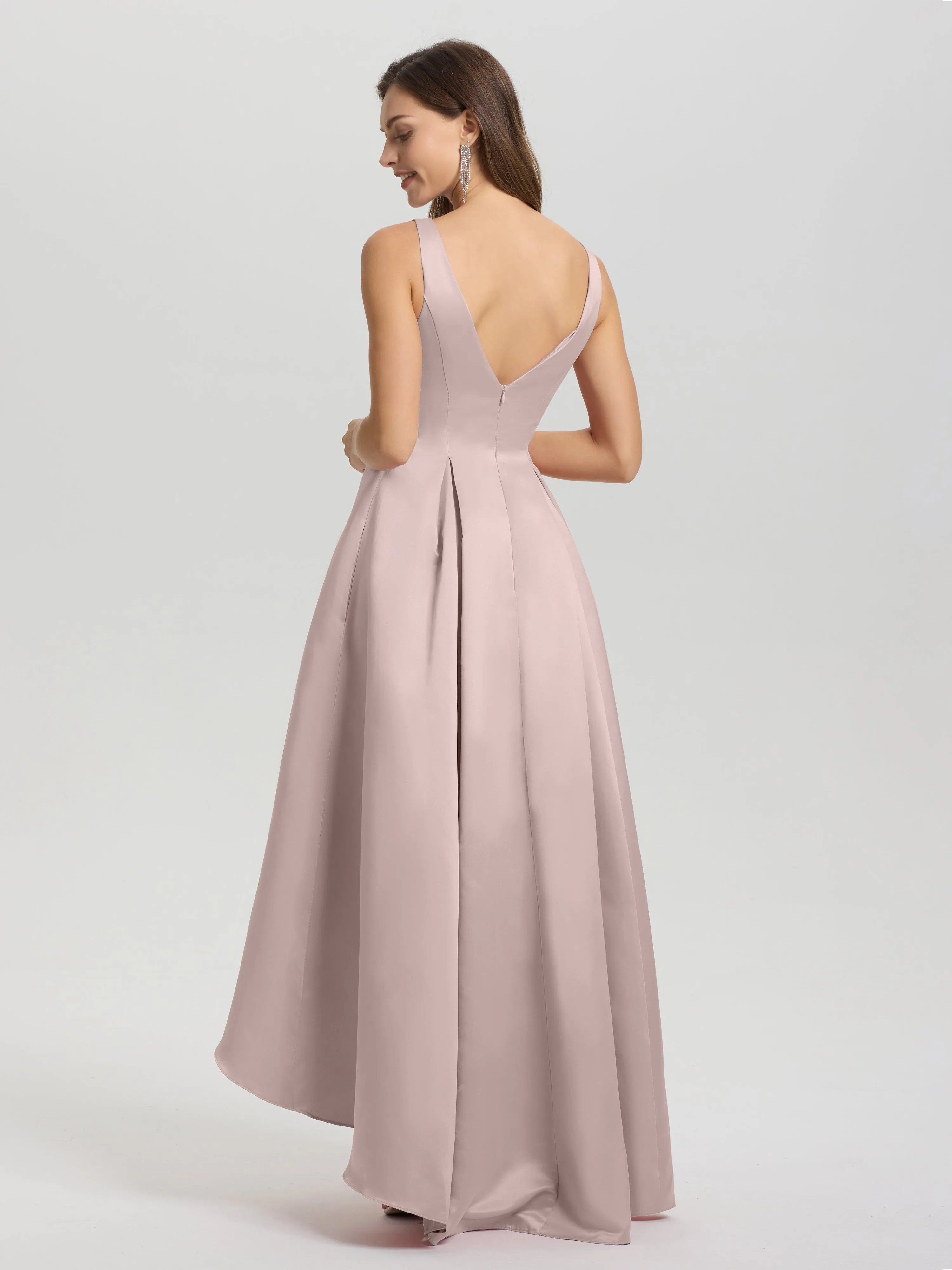 Jewel Sleeveless V-Back Long Satin Bridesmaid Dresses