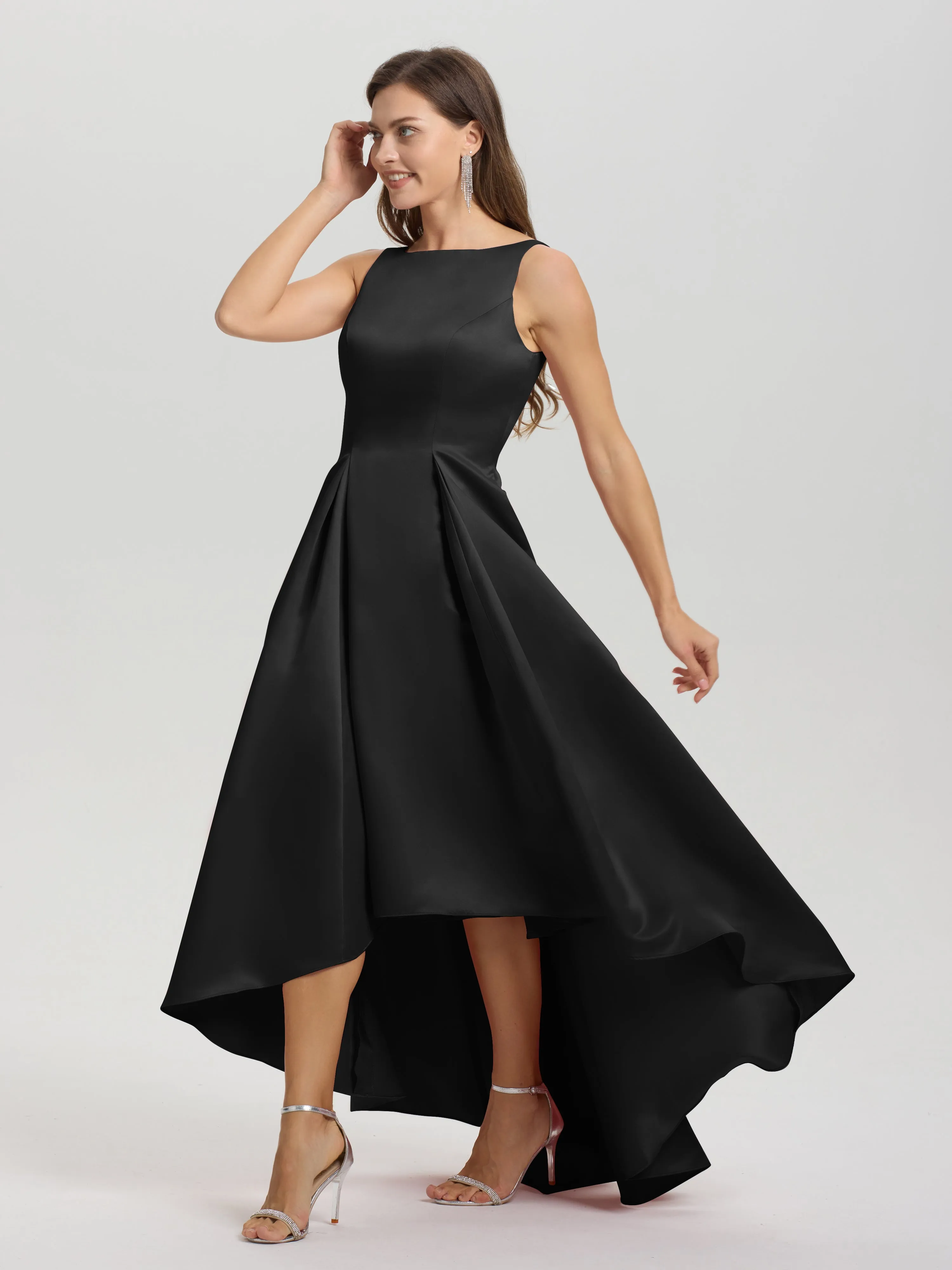 Jewel Sleeveless V-Back Long Satin Bridesmaid Dresses