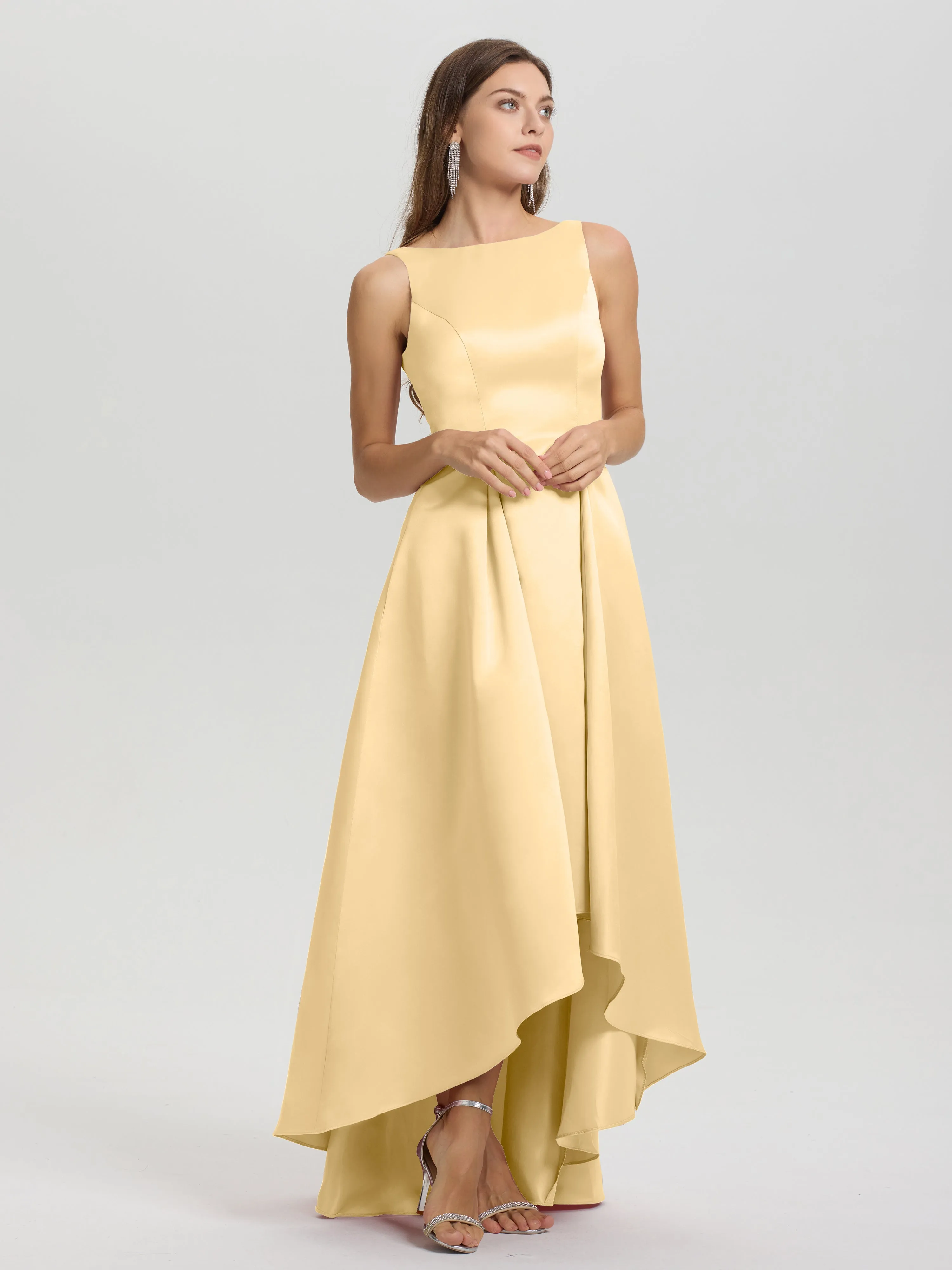 Jewel Sleeveless V-Back Long Satin Bridesmaid Dresses