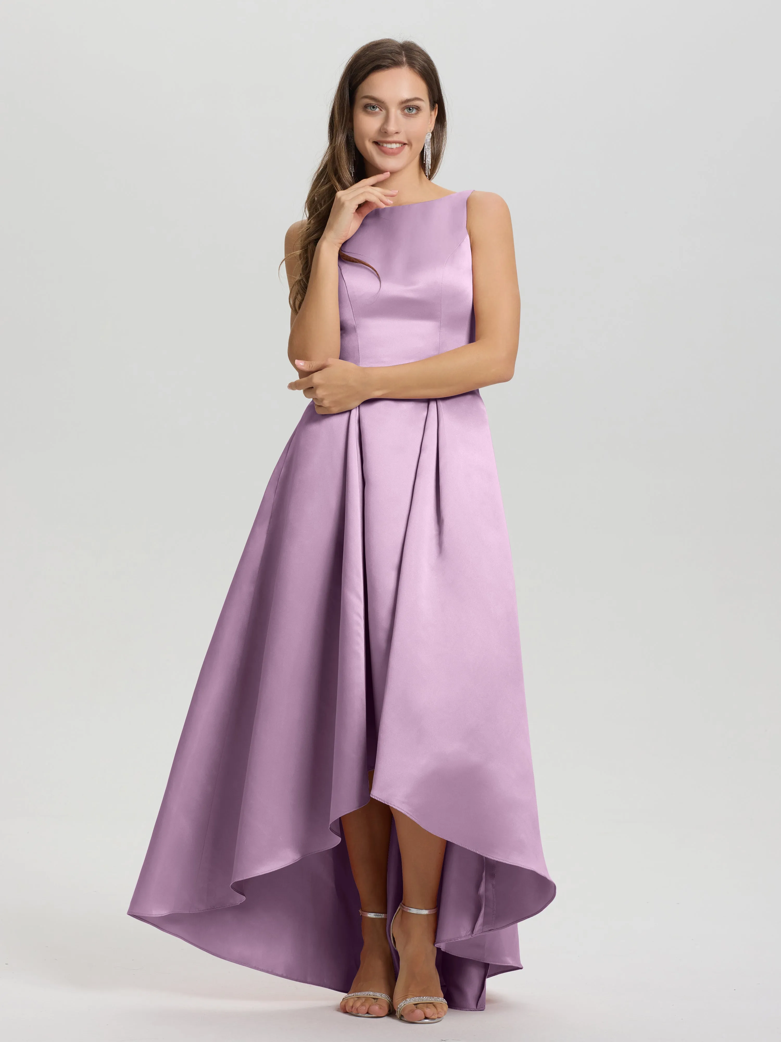Jewel Sleeveless V-Back Long Satin Bridesmaid Dresses