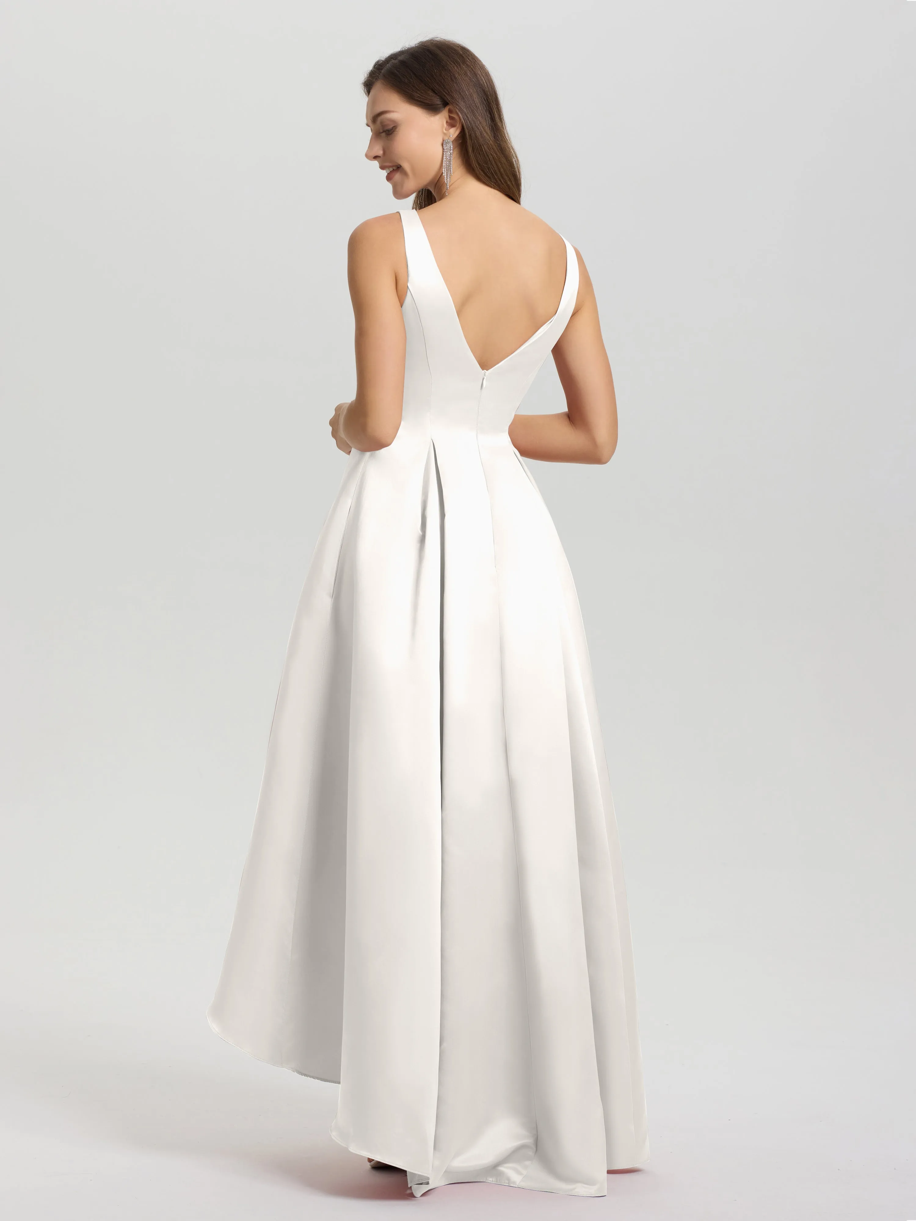 Jewel Sleeveless V-Back Long Satin Bridesmaid Dresses