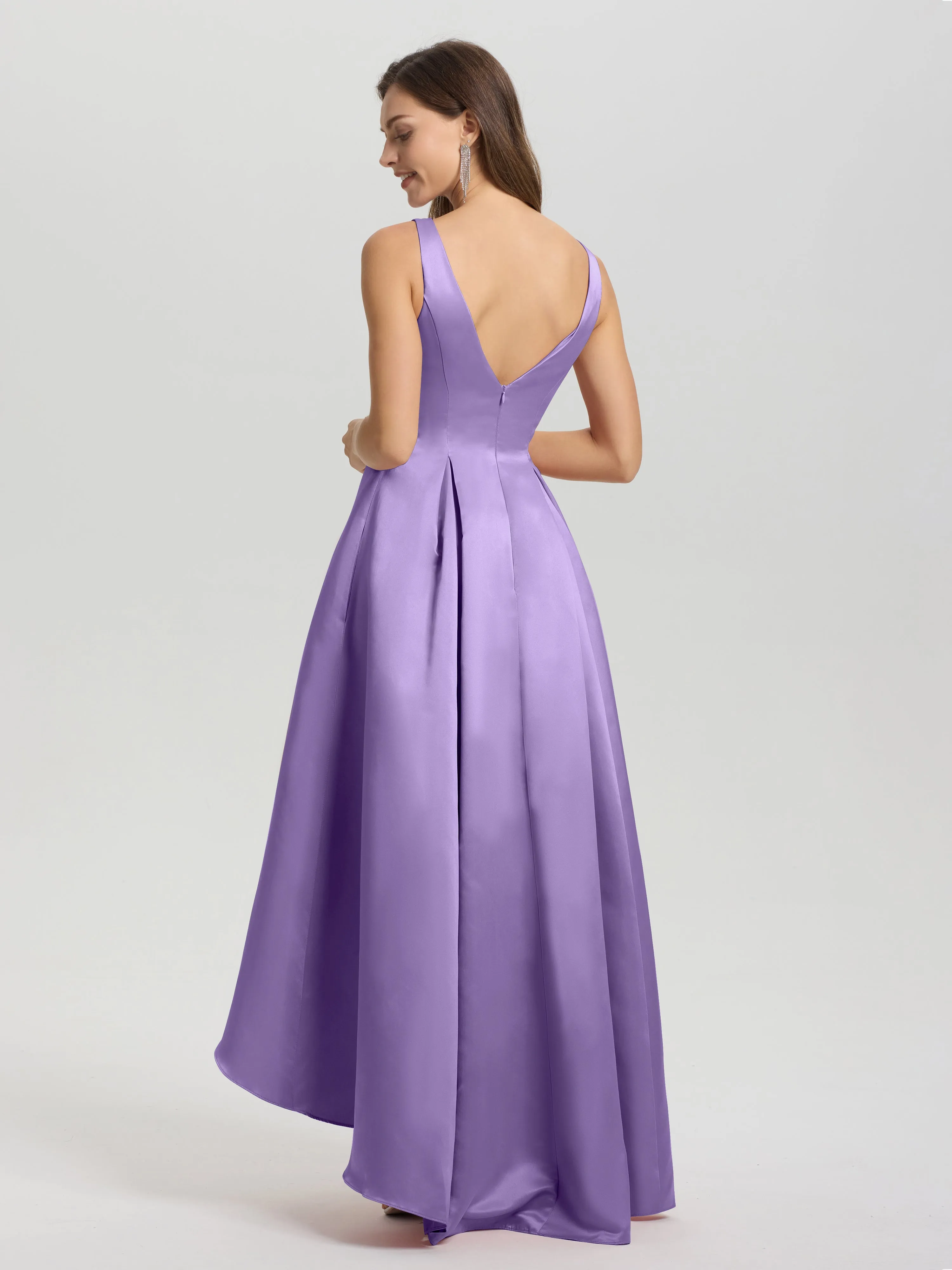 Jewel Sleeveless V-Back Long Satin Bridesmaid Dresses