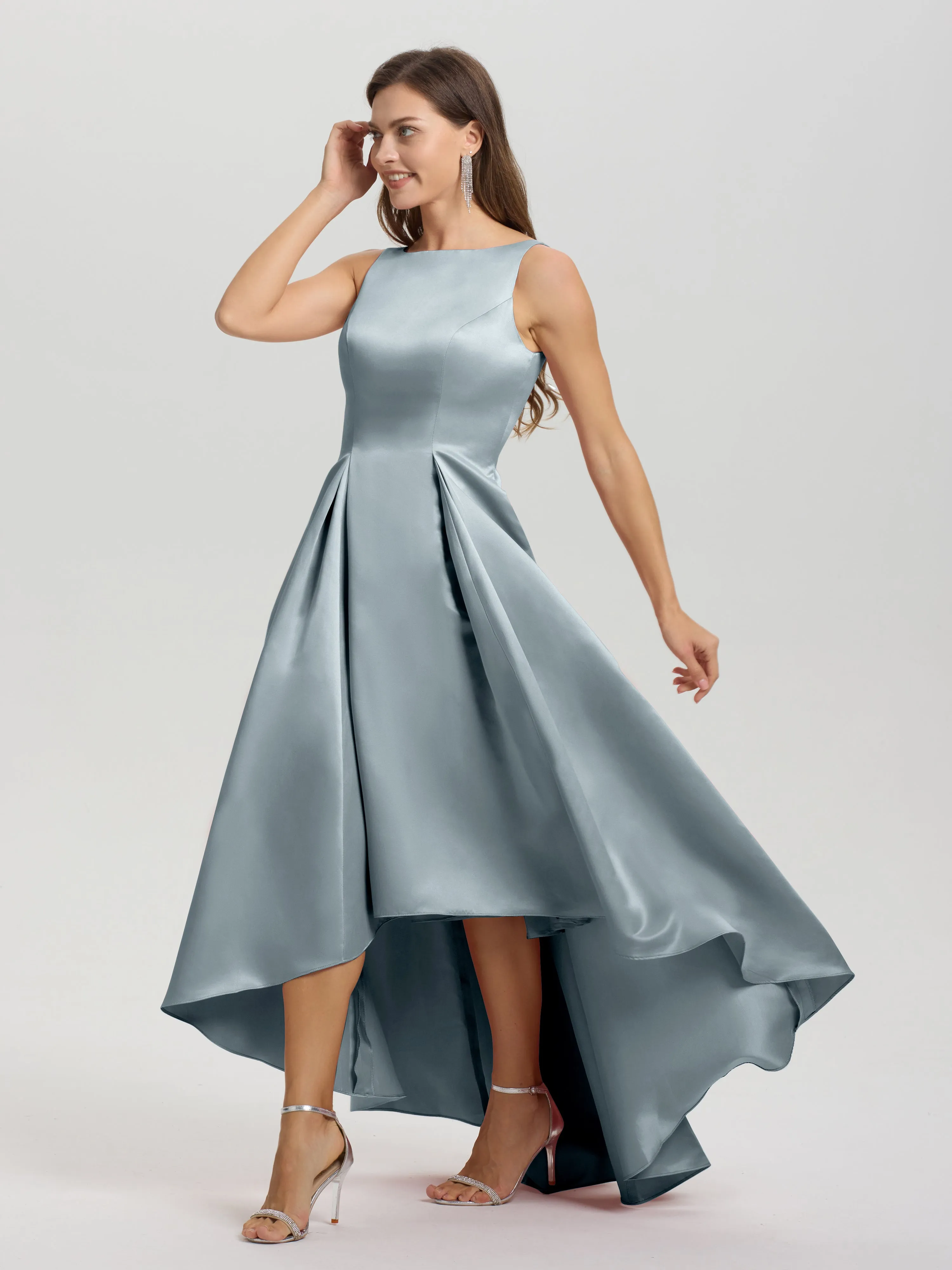 Jewel Sleeveless V-Back Long Satin Bridesmaid Dresses