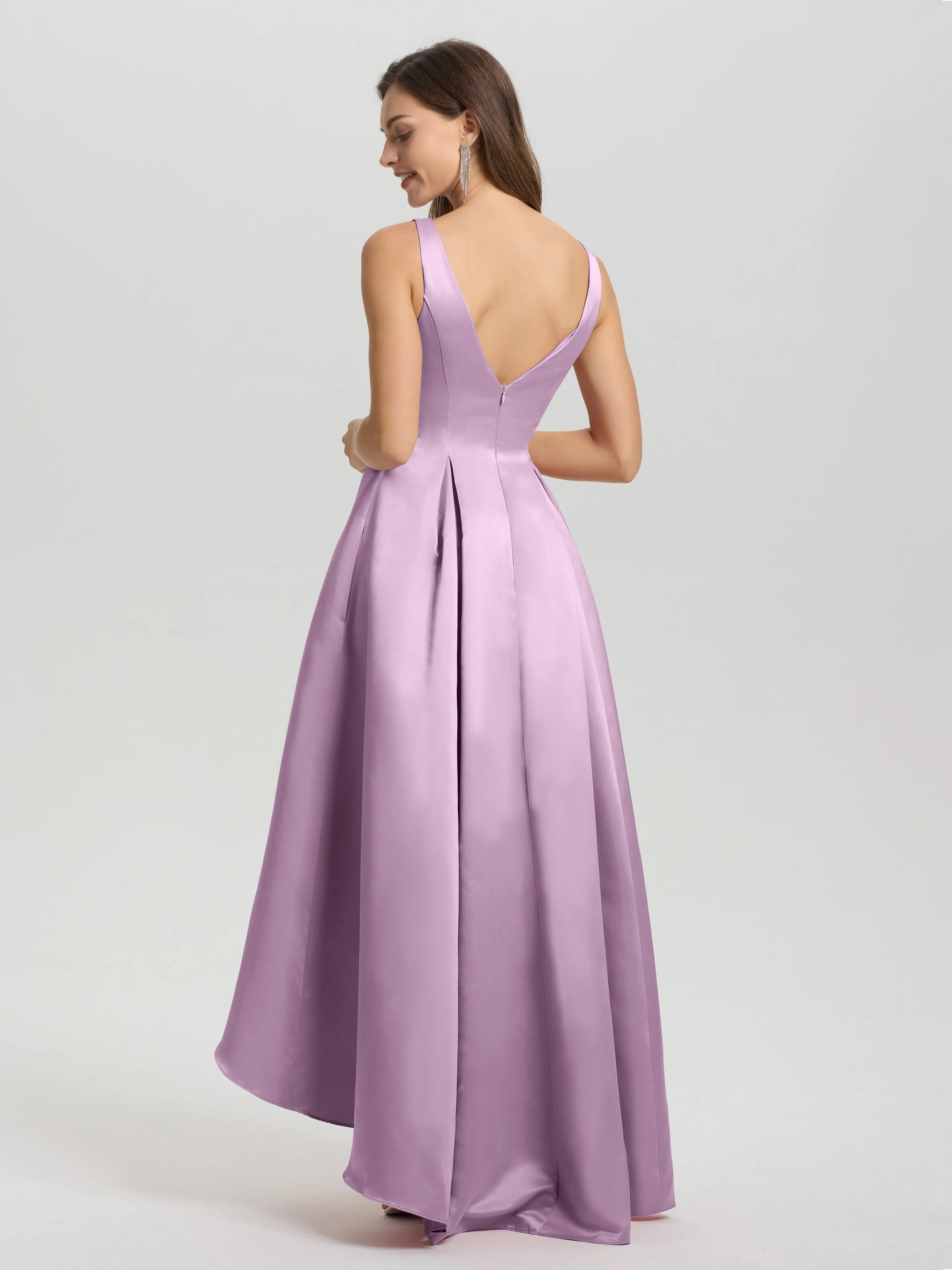 Jewel Sleeveless V-Back Long Satin Bridesmaid Dresses