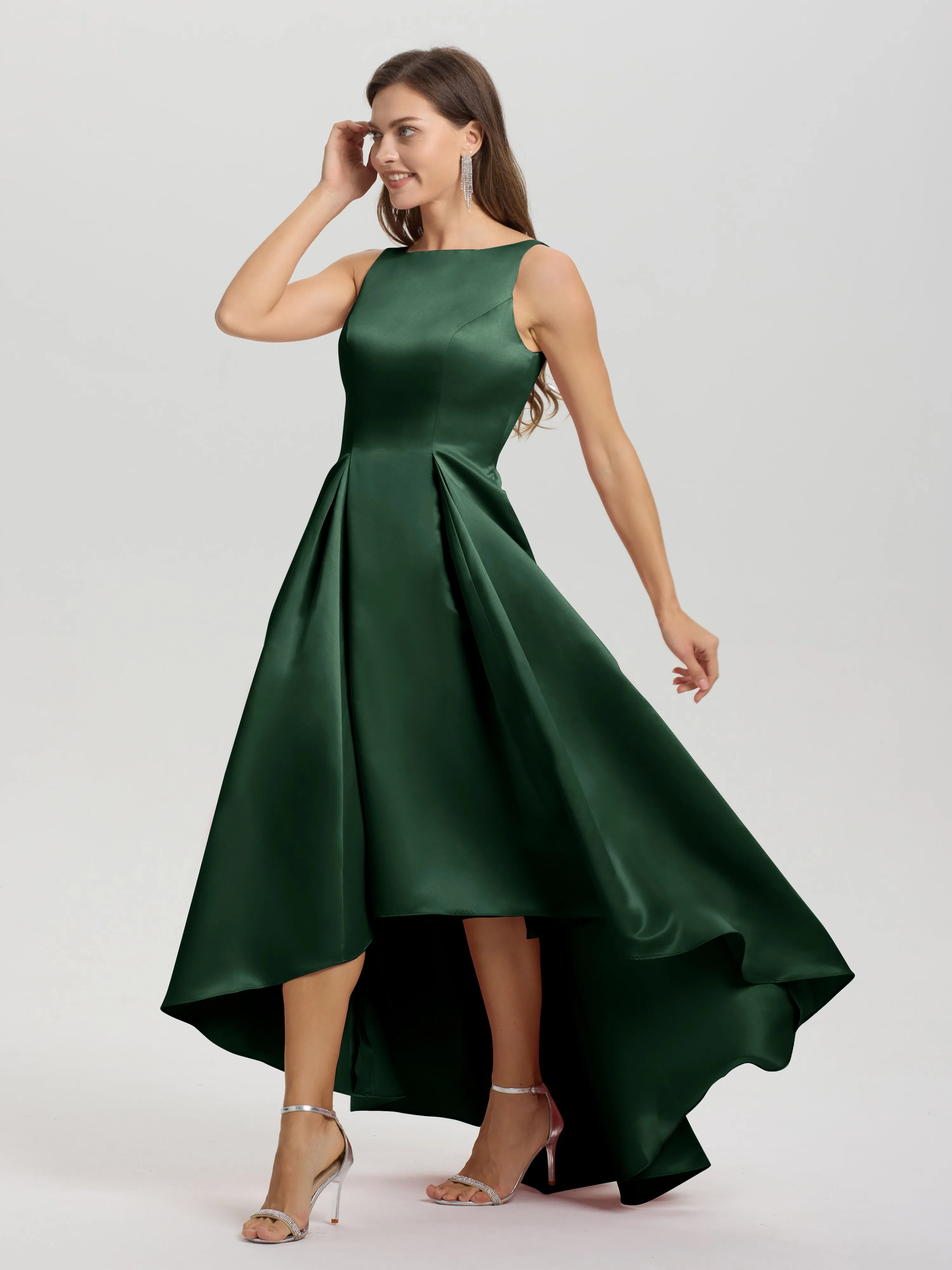 Jewel Sleeveless V-Back Long Satin Bridesmaid Dresses