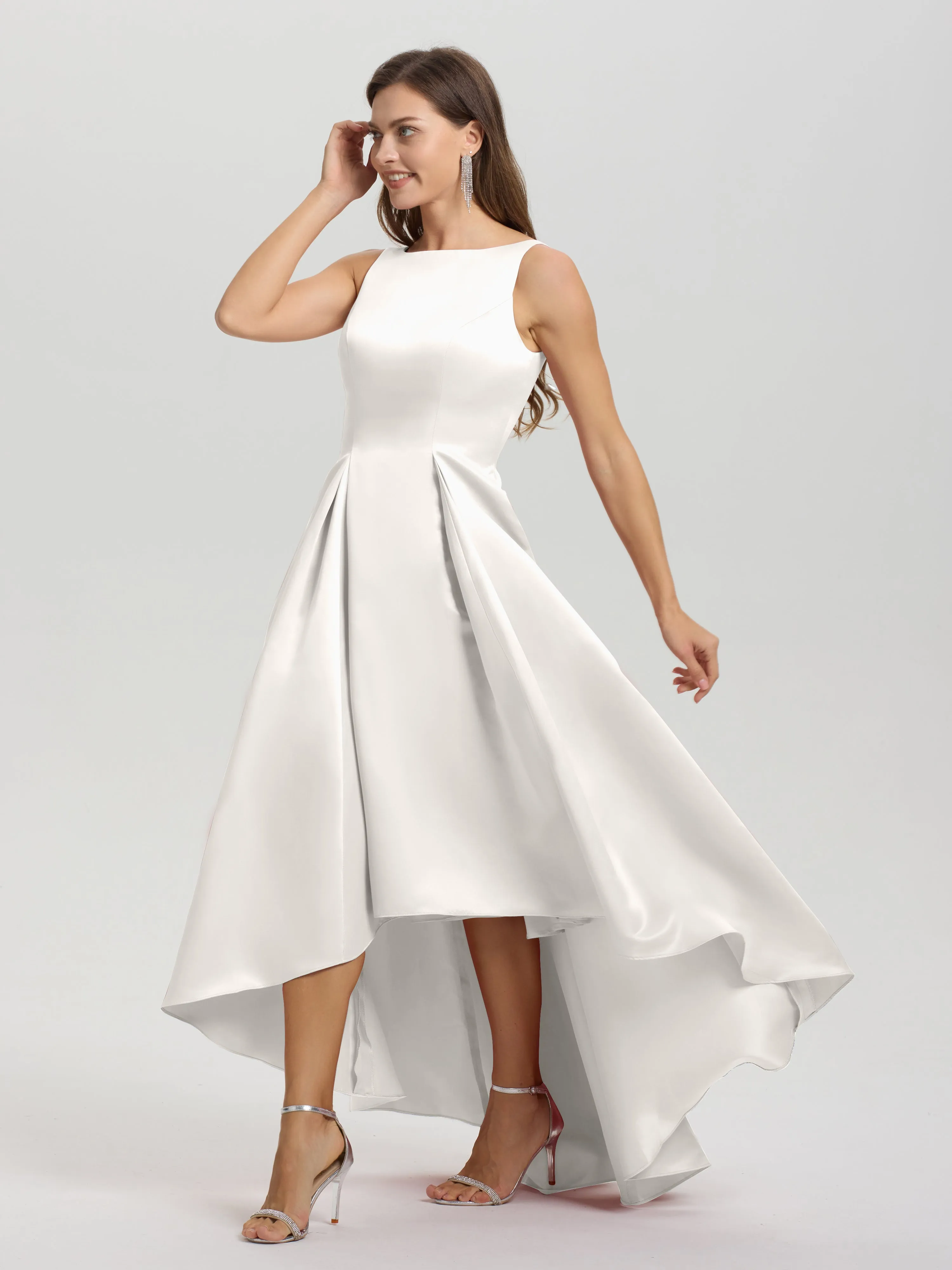 Jewel Sleeveless V-Back Long Satin Bridesmaid Dresses