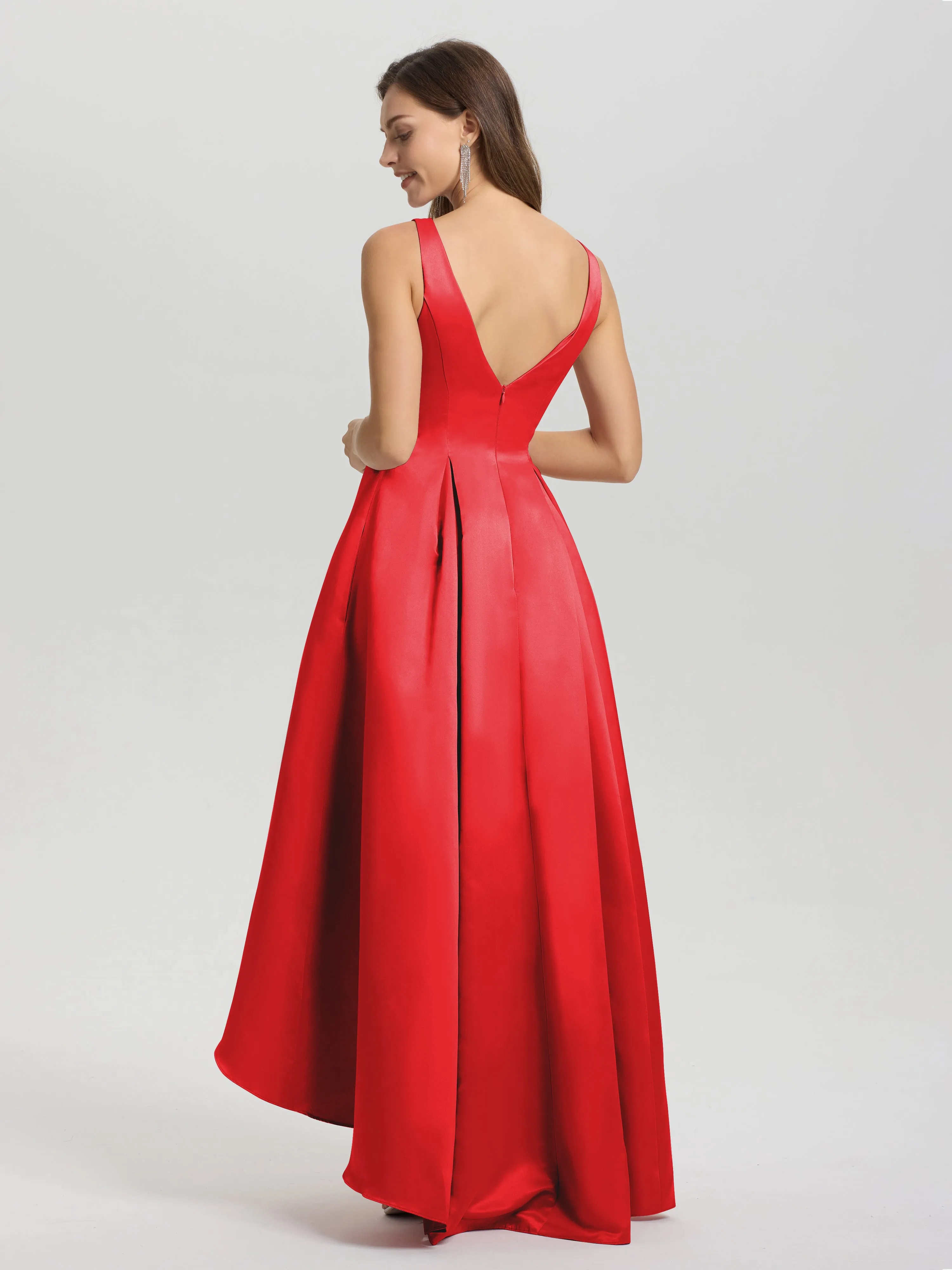 Jewel Sleeveless V-Back Long Satin Bridesmaid Dresses