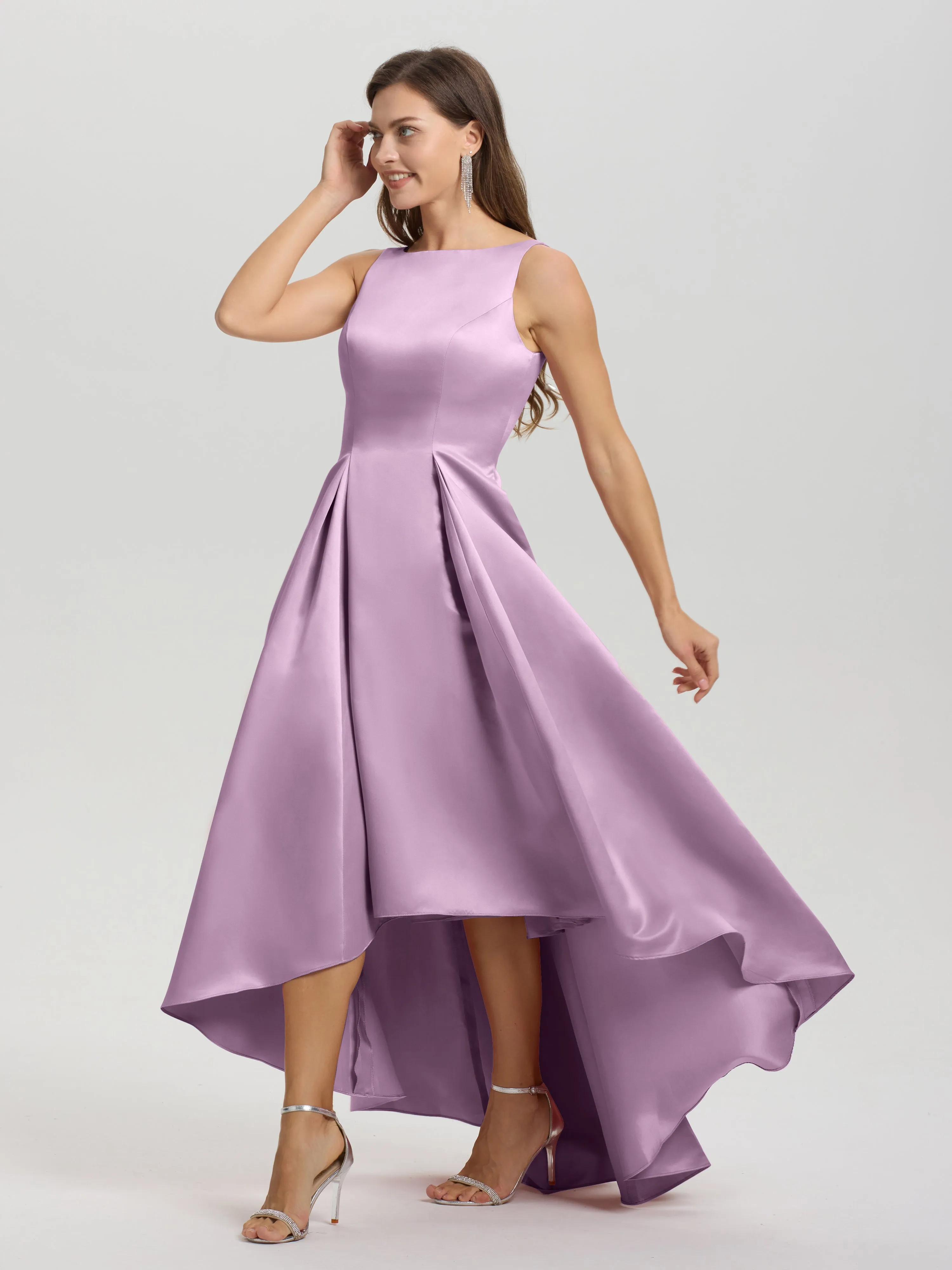 Jewel Sleeveless V-Back Long Satin Bridesmaid Dresses
