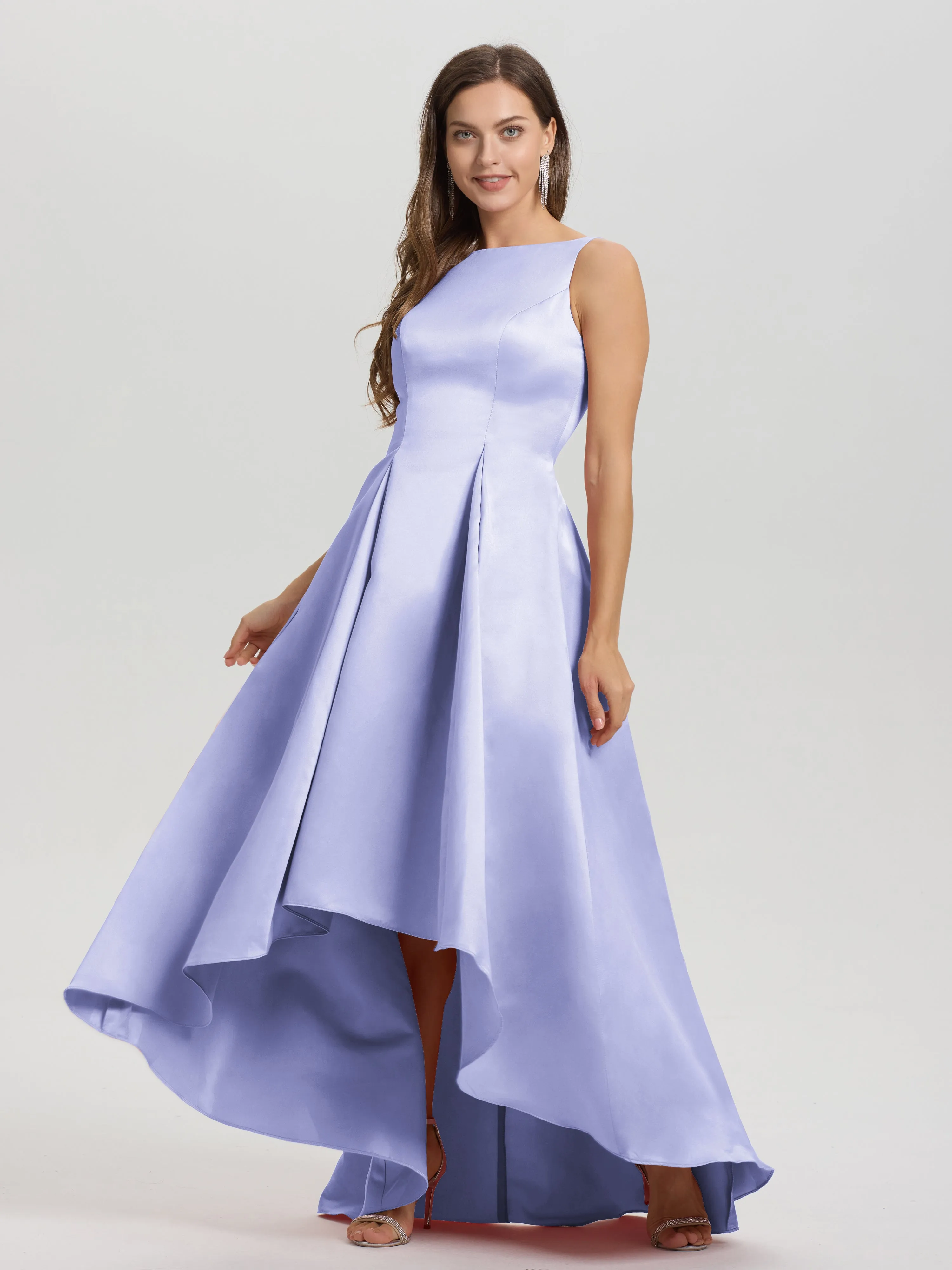 Jewel Sleeveless V-Back Long Satin Bridesmaid Dresses