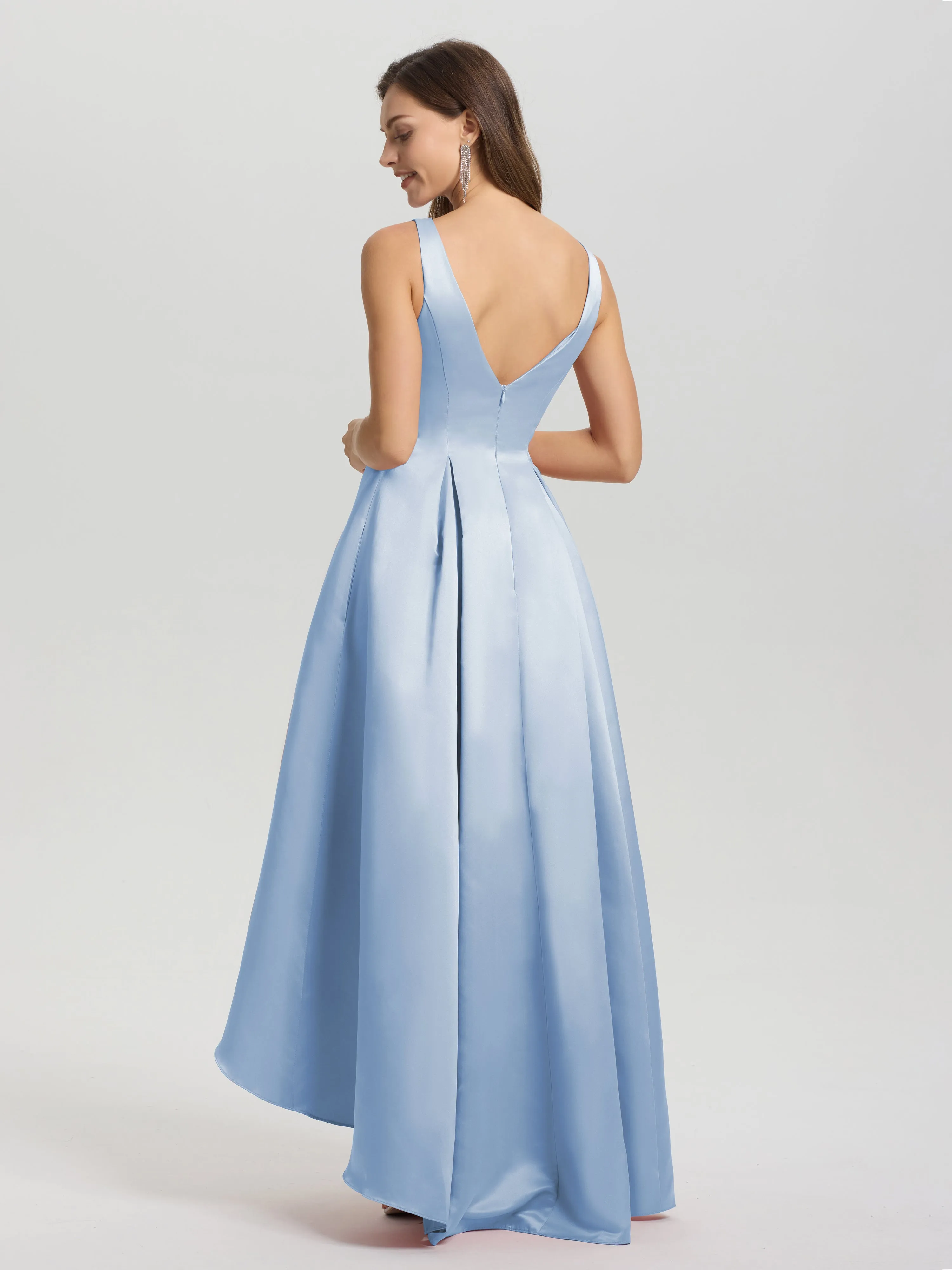 Jewel Sleeveless V-Back Long Satin Bridesmaid Dresses