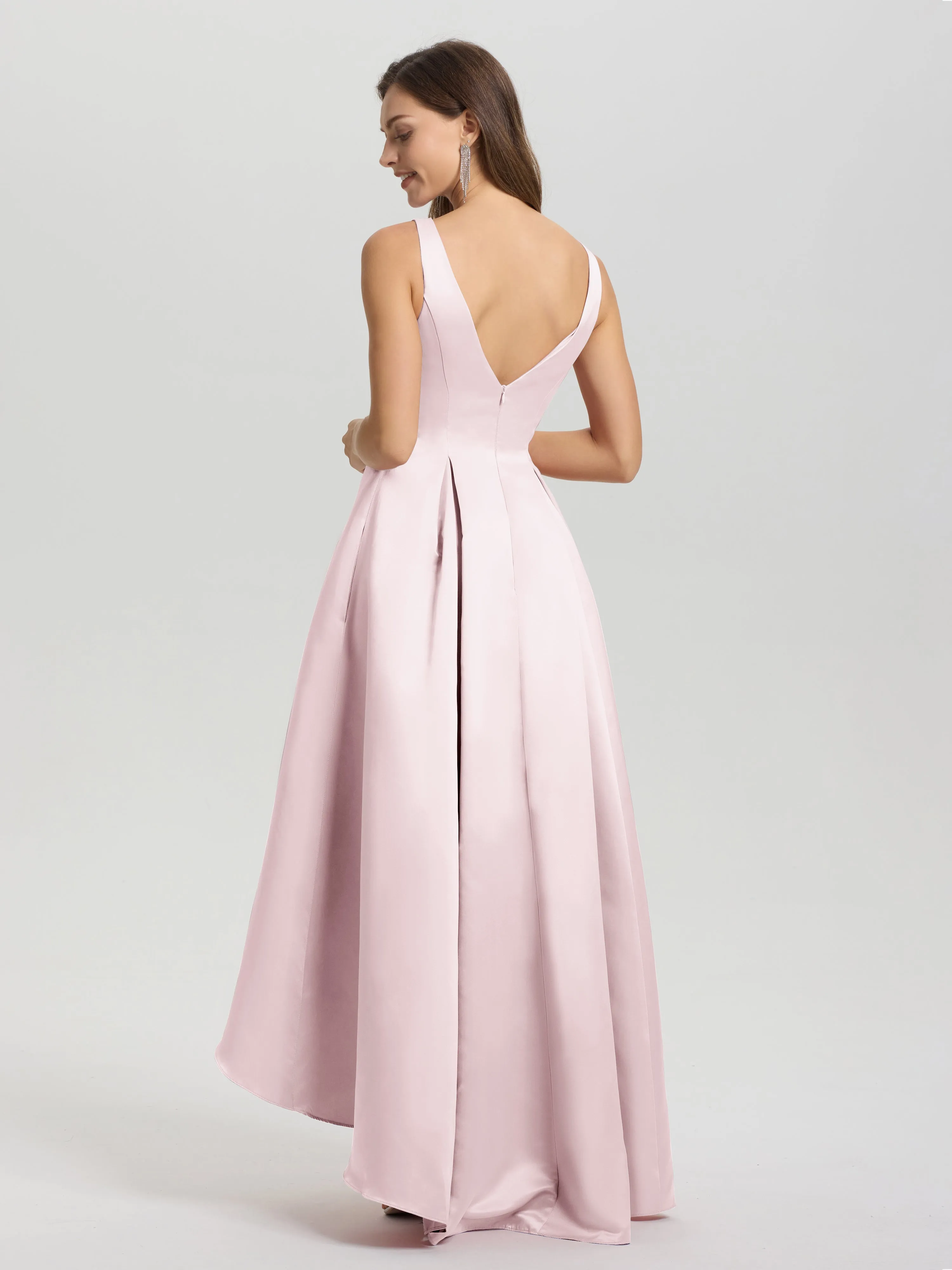Jewel Sleeveless V-Back Long Satin Bridesmaid Dresses