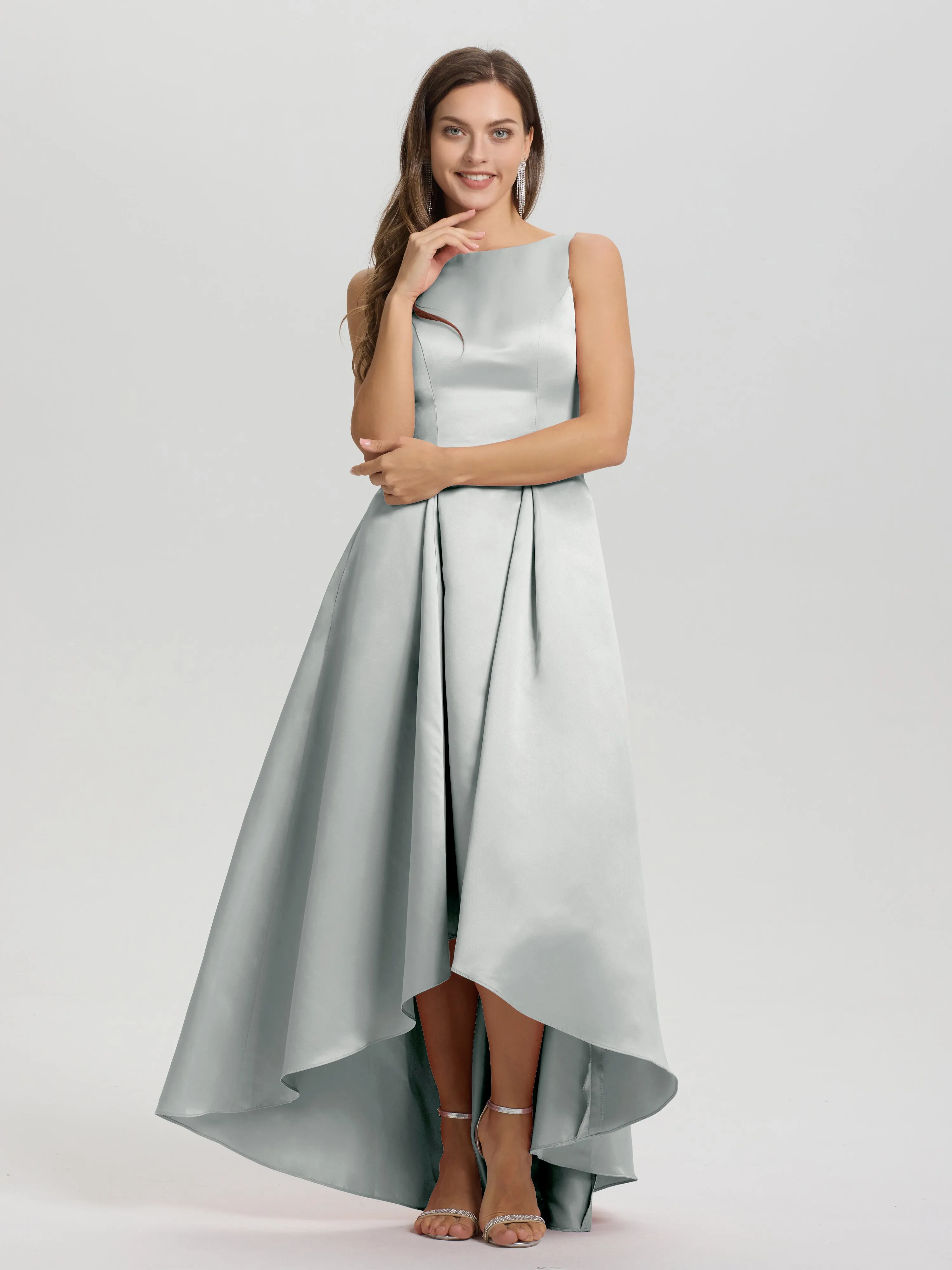 Jewel Sleeveless V-Back Long Satin Bridesmaid Dresses