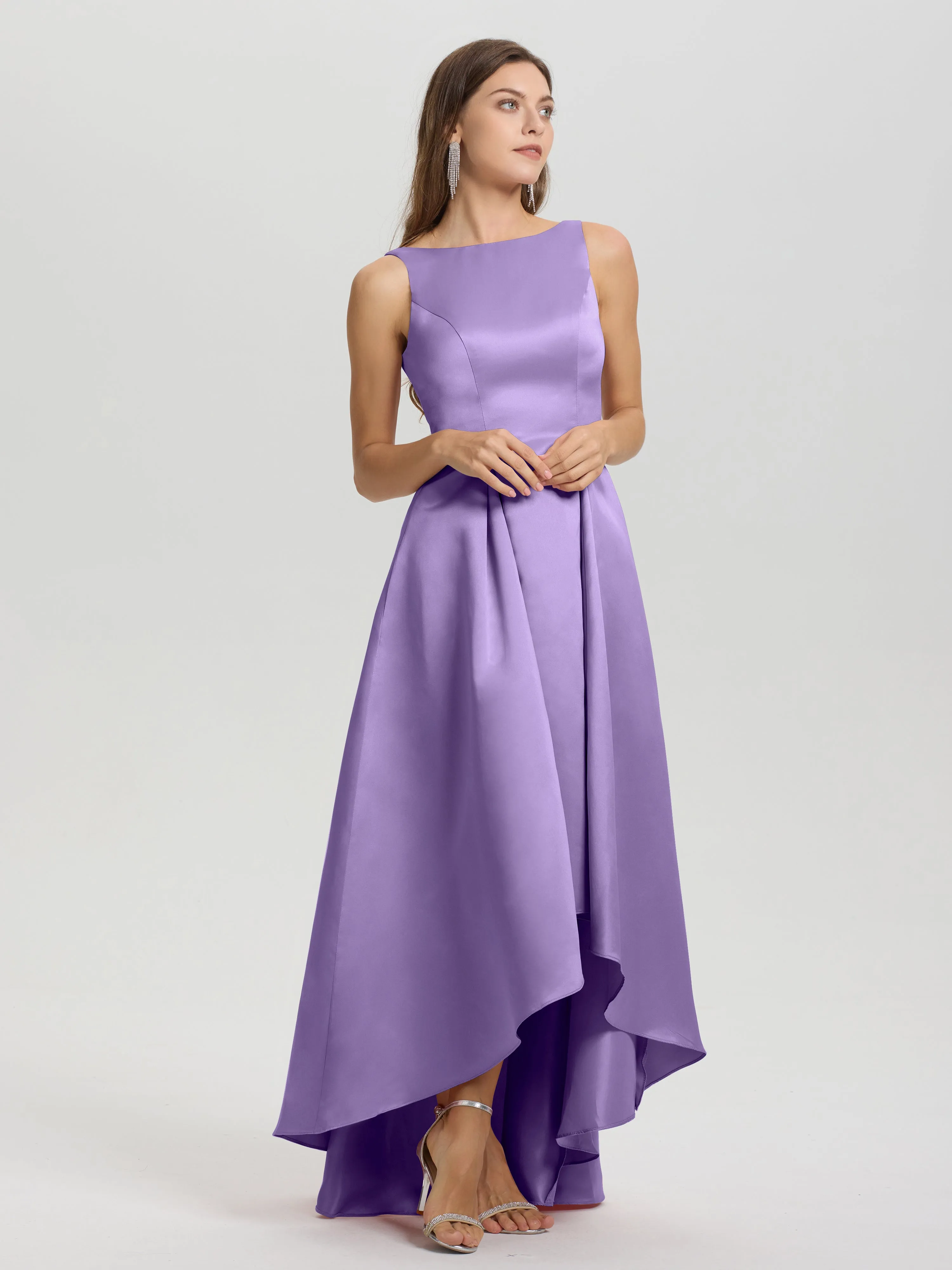 Jewel Sleeveless V-Back Long Satin Bridesmaid Dresses