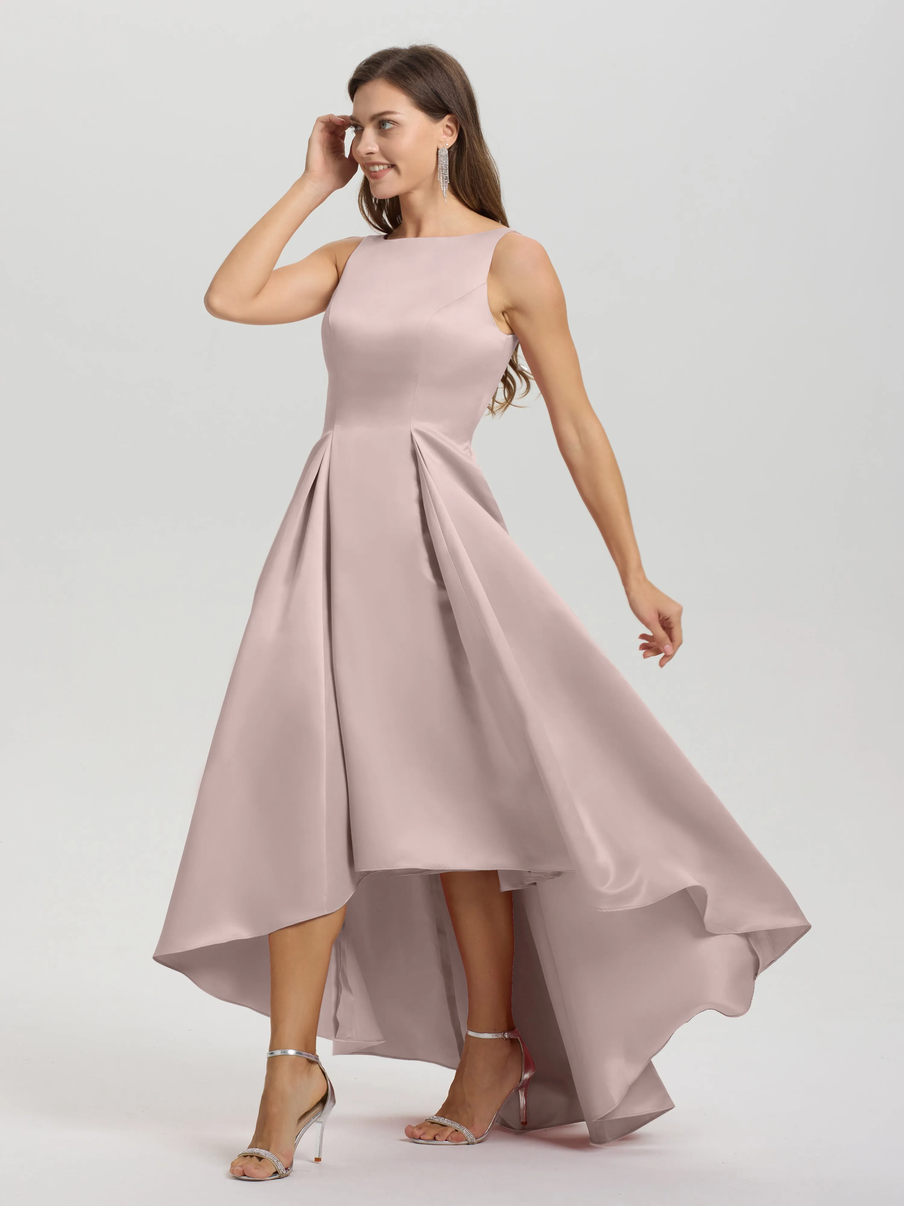 Jewel Sleeveless V-Back Long Satin Bridesmaid Dresses