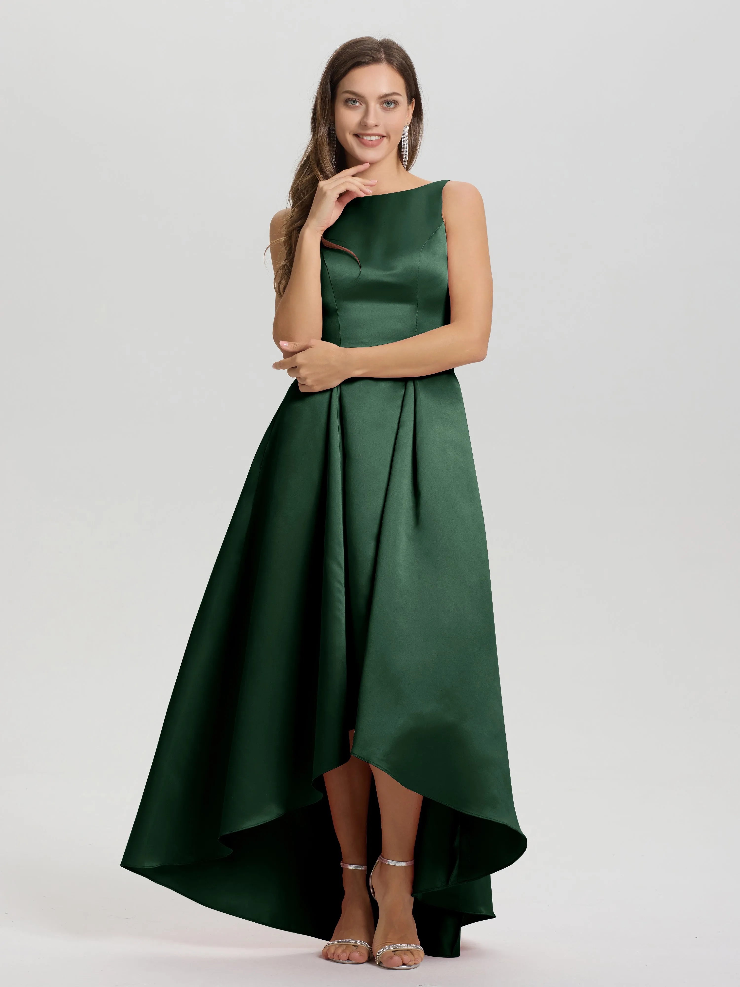 Jewel Sleeveless V-Back Long Satin Bridesmaid Dresses