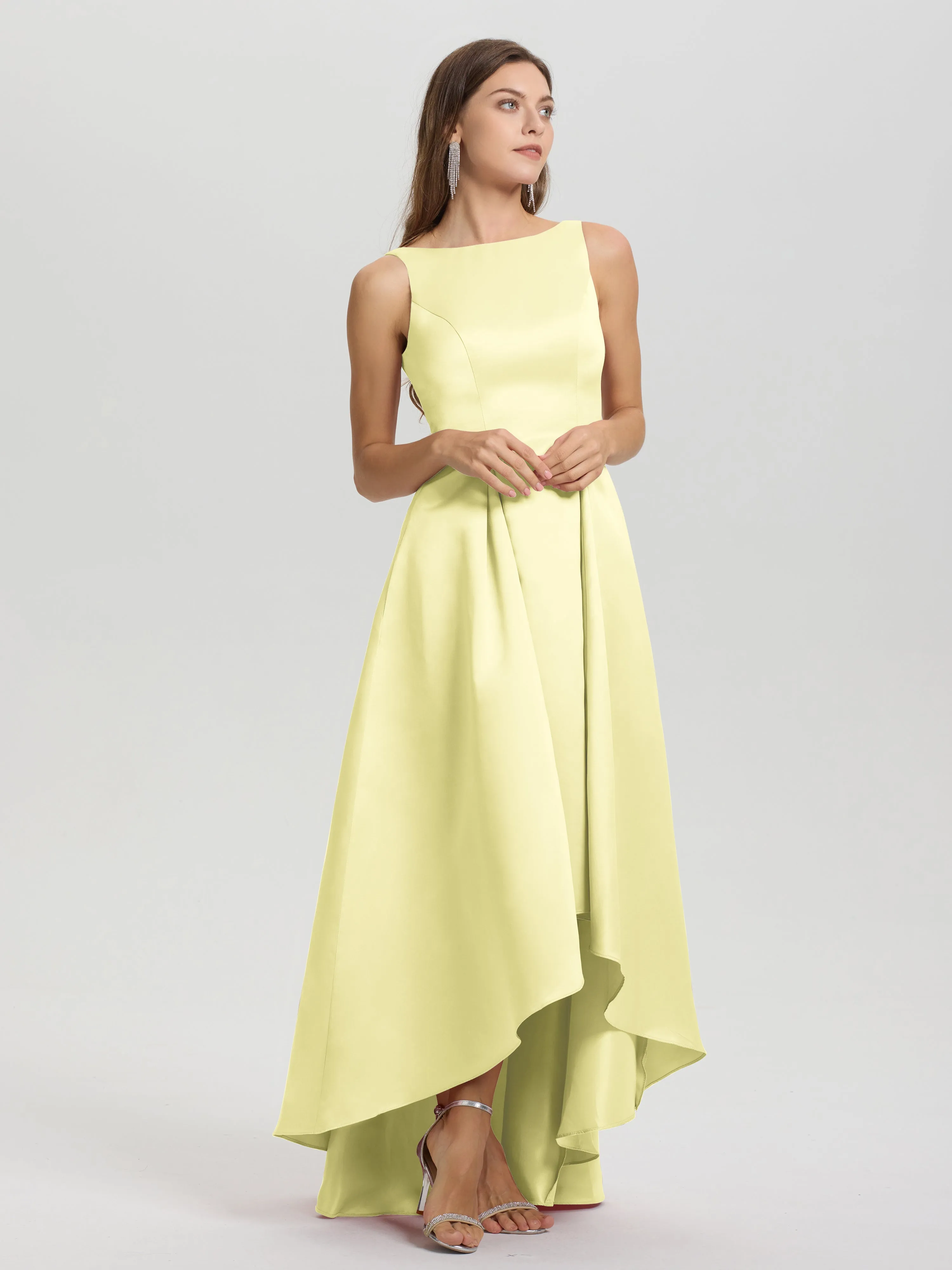 Jewel Sleeveless V-Back Long Satin Bridesmaid Dresses