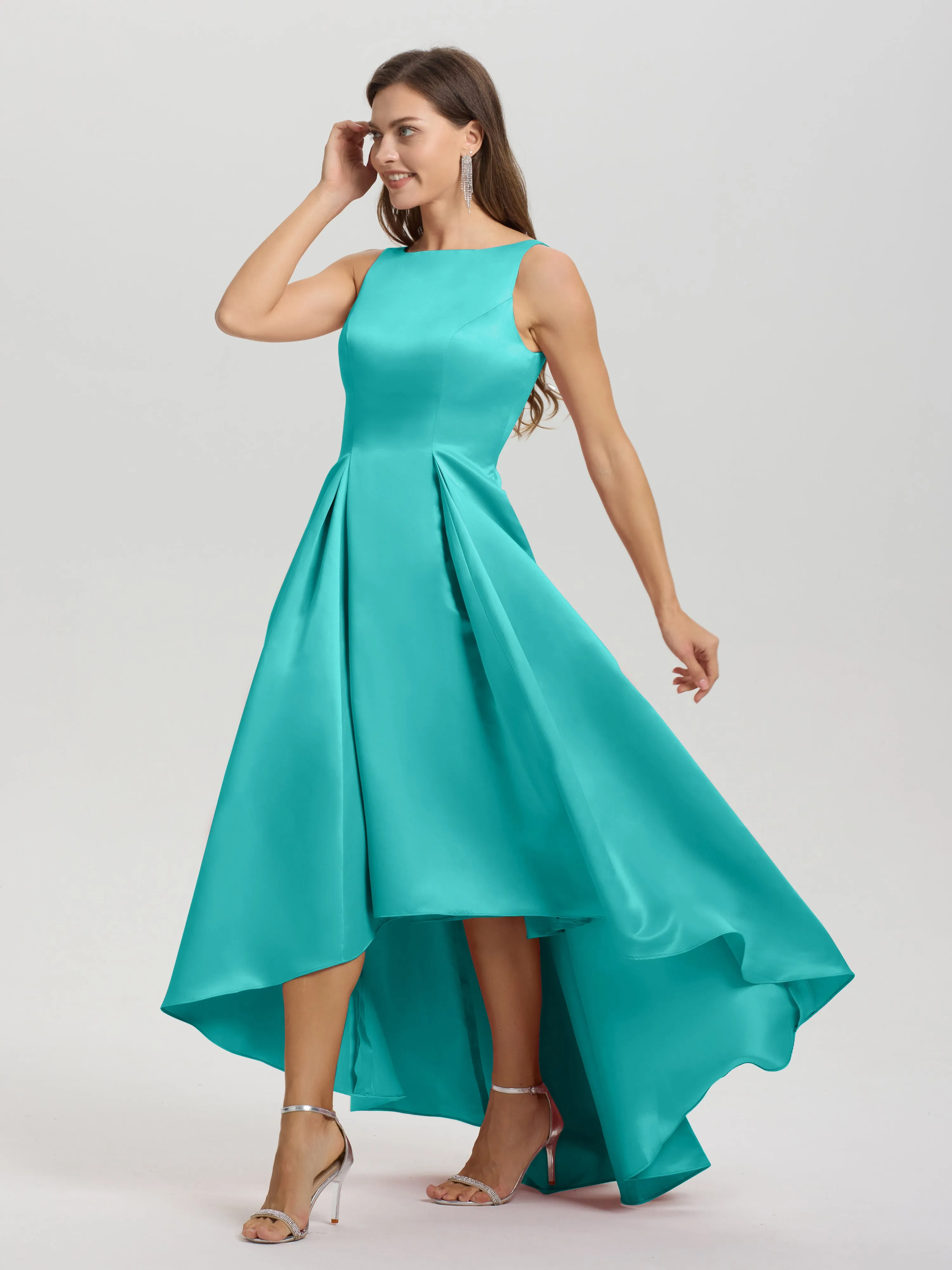 Jewel Sleeveless V-Back Long Satin Bridesmaid Dresses