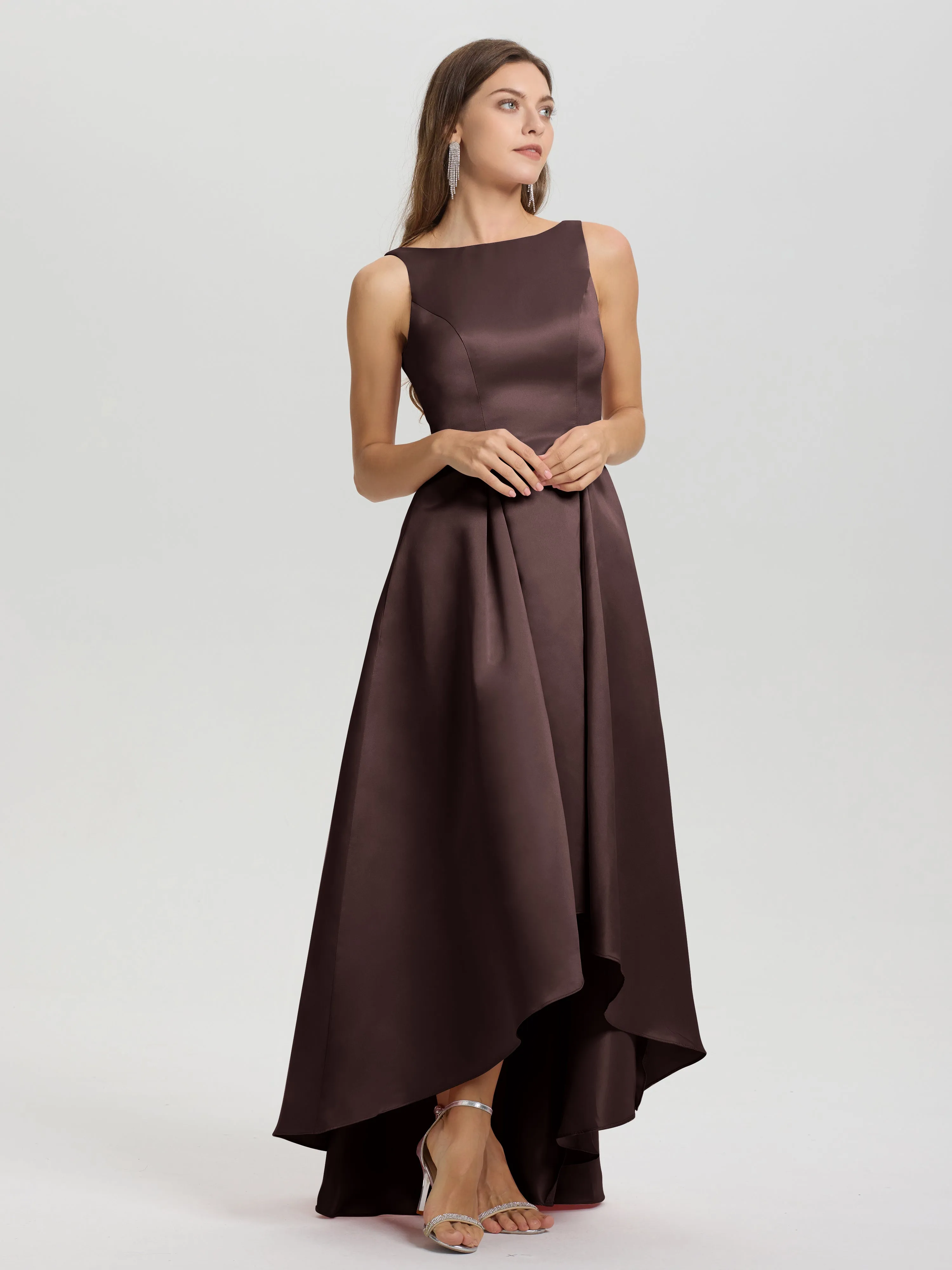 Jewel Sleeveless V-Back Long Satin Bridesmaid Dresses