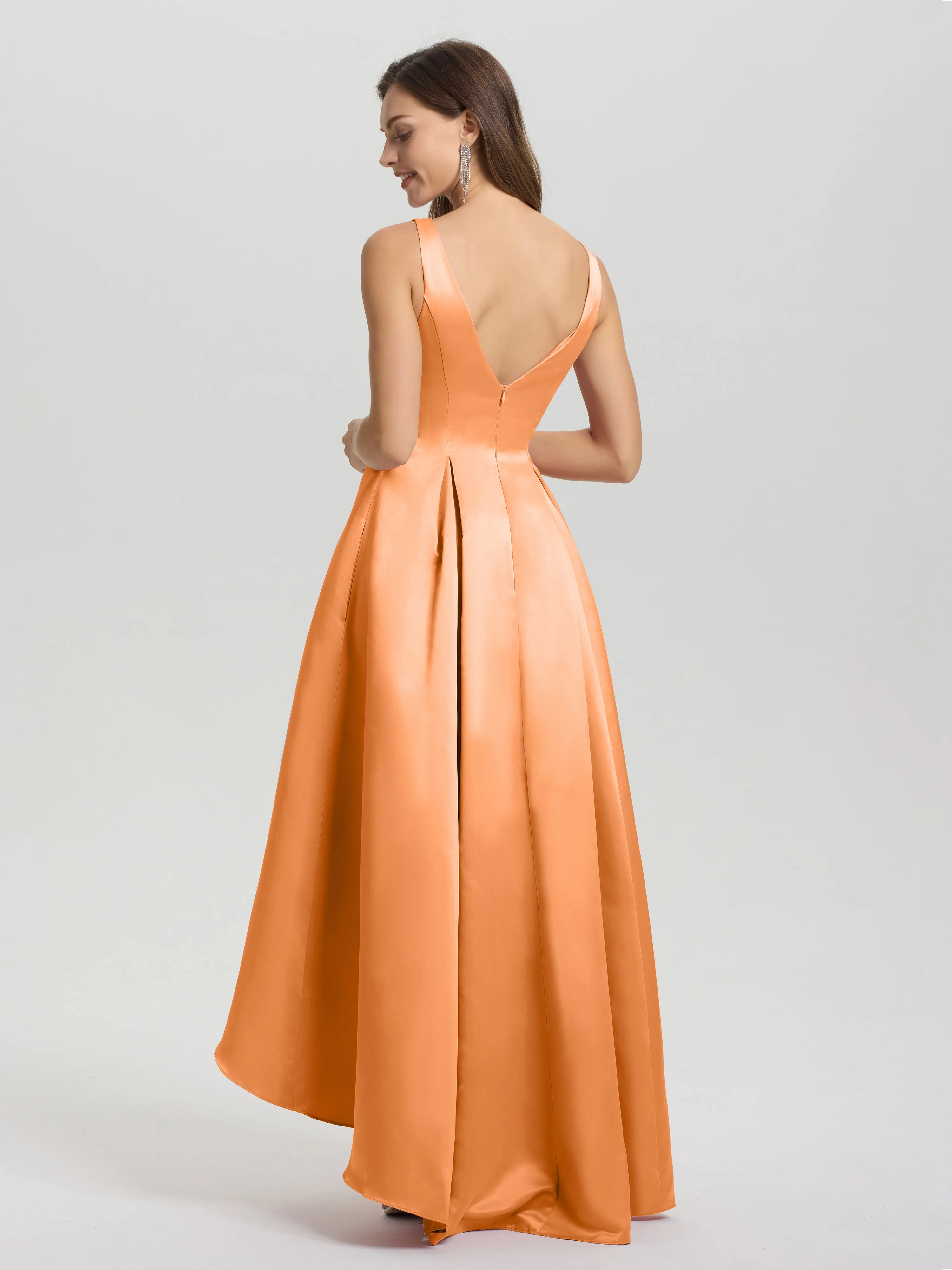 Jewel Sleeveless V-Back Long Satin Bridesmaid Dresses