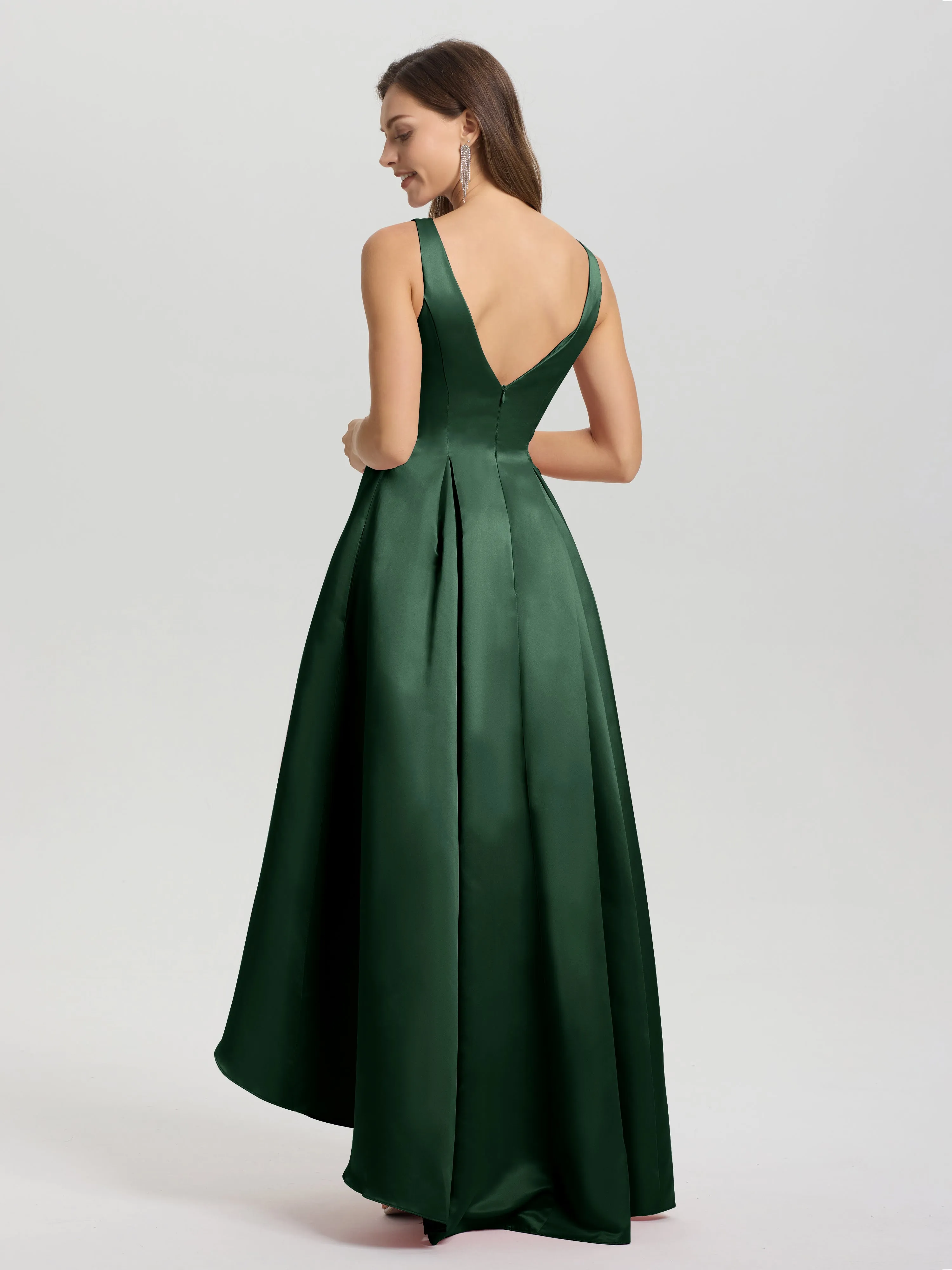 Jewel Sleeveless V-Back Long Satin Bridesmaid Dresses