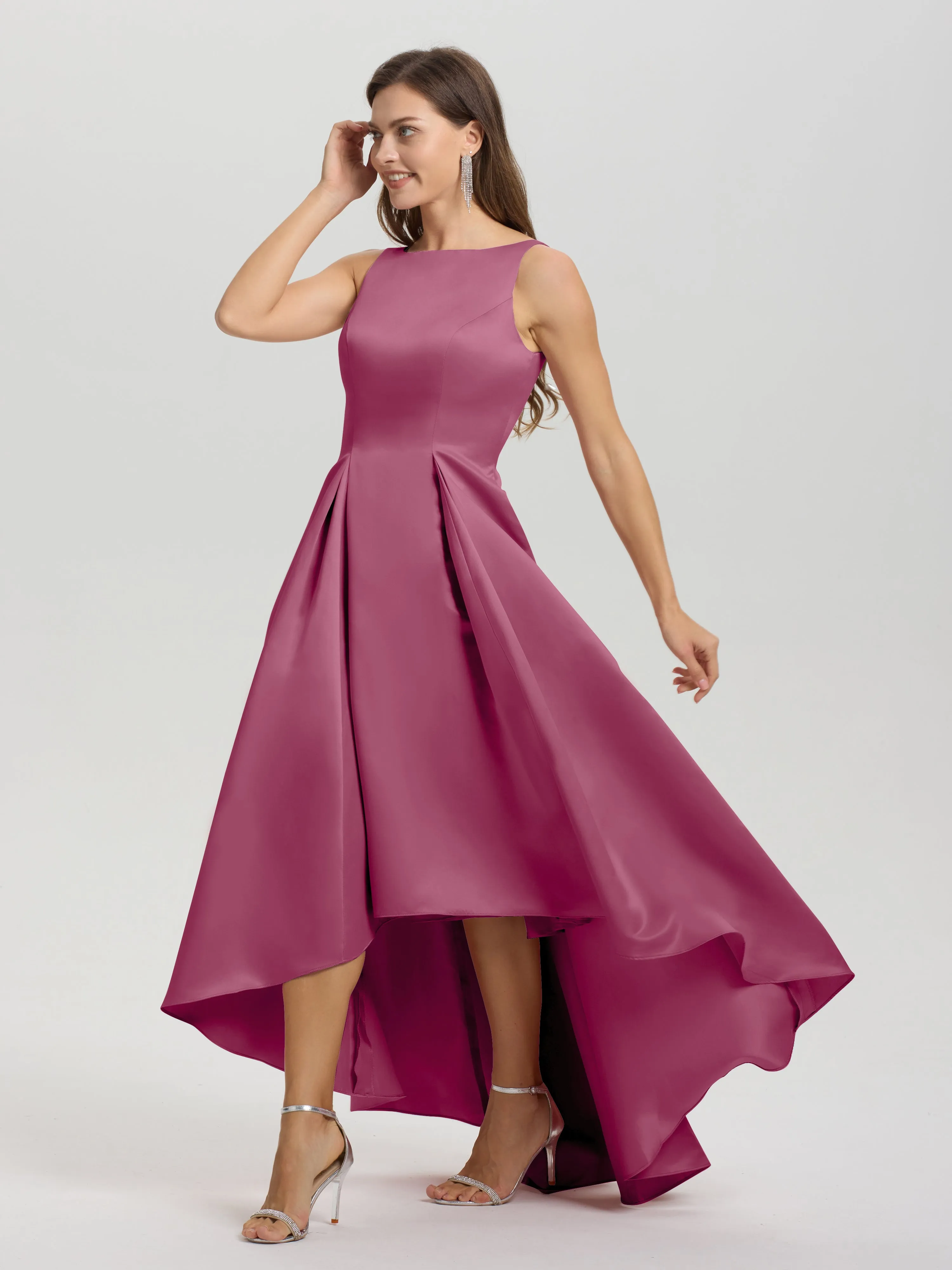Jewel Sleeveless V-Back Long Satin Bridesmaid Dresses