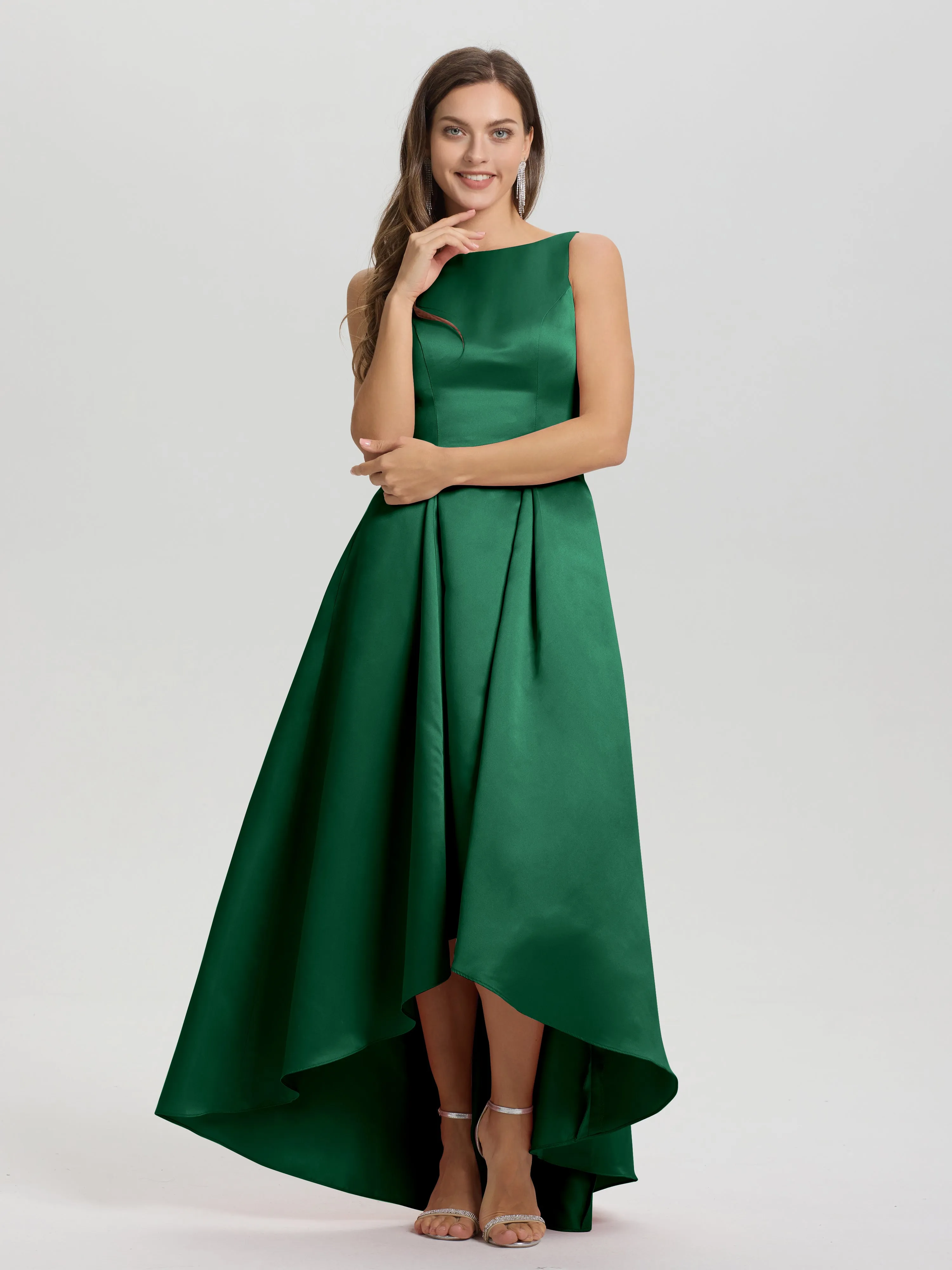 Jewel Sleeveless V-Back Long Satin Bridesmaid Dresses